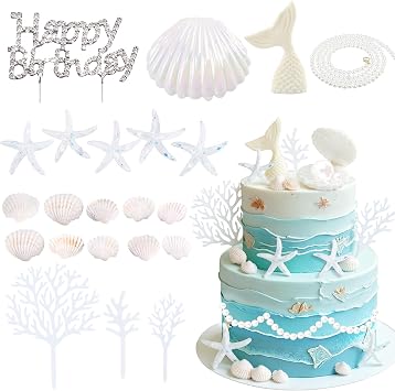 Seashells Cake Topper 22Pc Seashell Cake Decorations Under the Sea Cake Topper with Shell Pearl Starfish Mermaid Taik Cake Cupcake Picks for Birthday Baby Shower Wedding Ocean Nautical Party