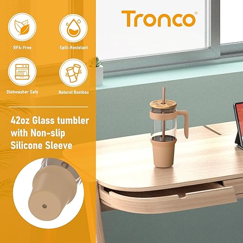 Miniatura 6 de tronco Vaso de vidrio de 40 onzas con popote y tapa, vaso de vidrio reutilizable con asa, taza de café helado con tapa de bambú, botellas de agua de