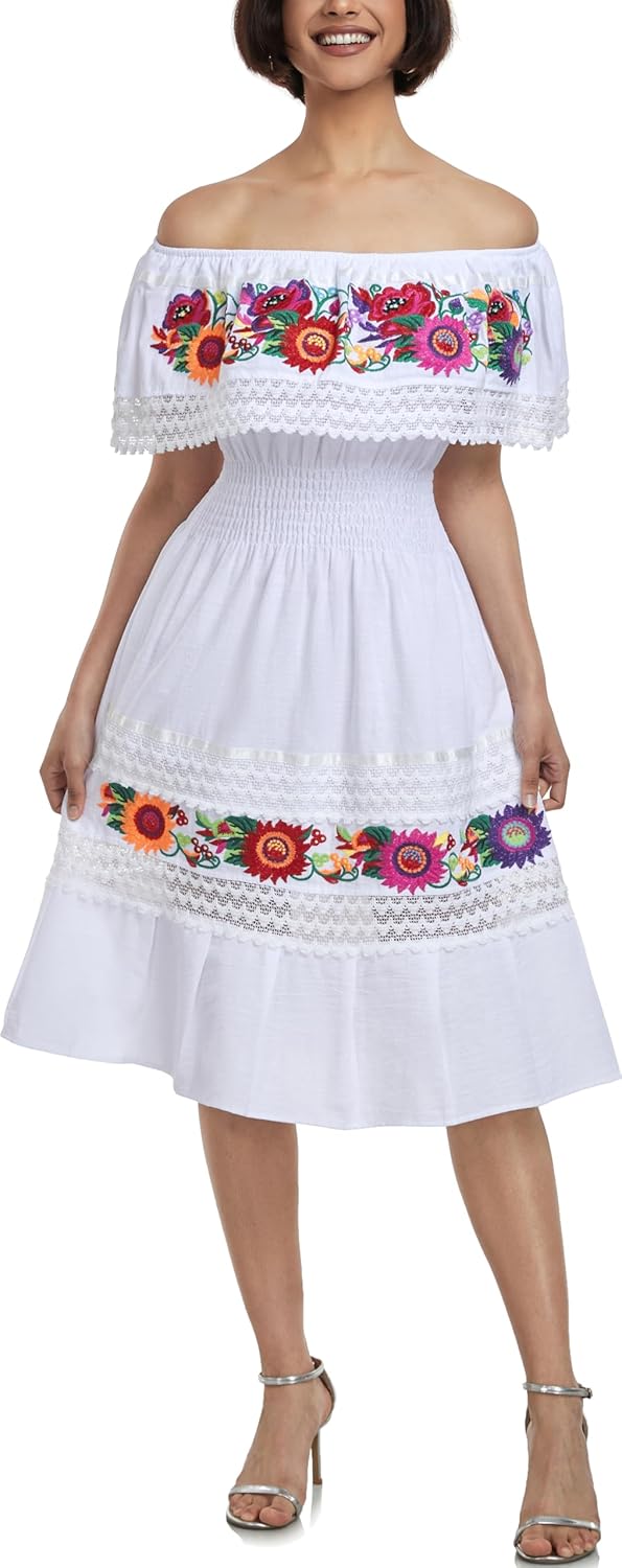 YZXDORWJ Mexican Dress for Women Embroidered Traditional Boho Theme Fiesta Floral Lace Off-Shoulder Ruffle Party Dress - Image 4