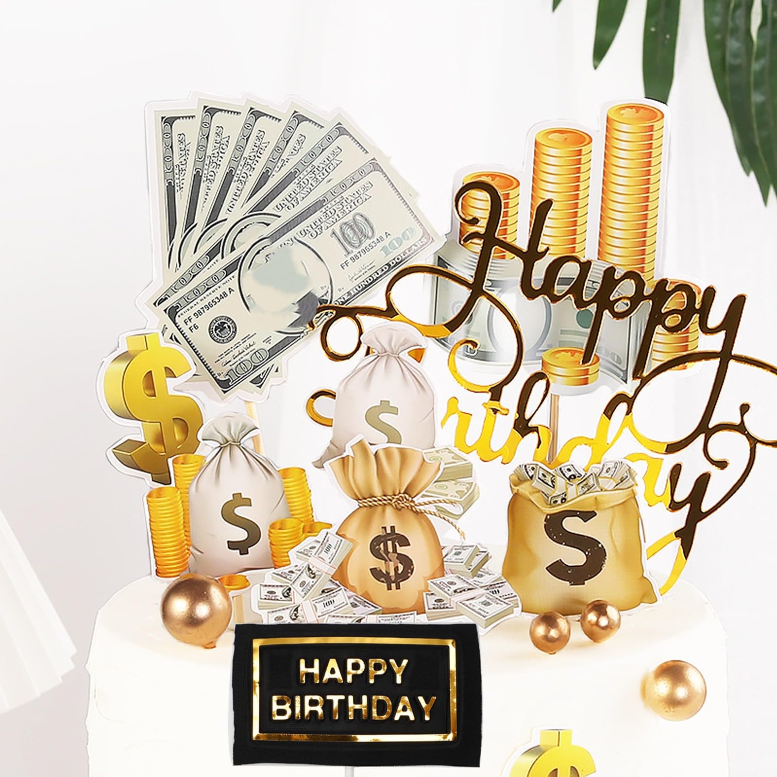 Comemela 10Pcs Happy Birthday Cake Topper Set, Dollar Bill Sign Cupcake Toppers Money Theme Decorations for Birthday Party Halloween Thanksgiving Christmas Decor
