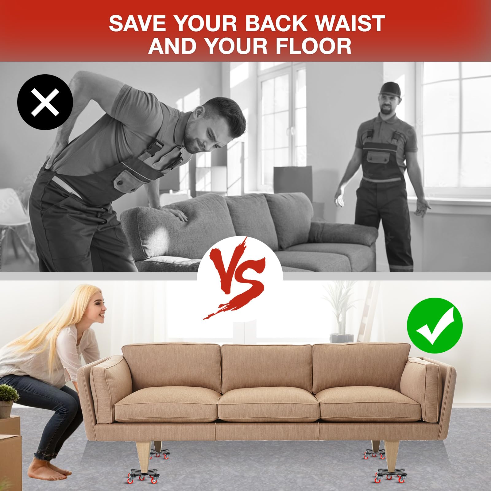 Juego de 4 ruedas para muebles + 1 palanca, giratorio de 360 grados, 1500 kg, el innovador elevador de muebles para muebles pesados