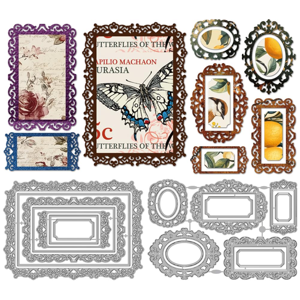 MAYJOYDIY Picture Frames Metal Die Cuts Vintage Label Border Die Stencil Backgrounds Frame Embossing Scrapbooking Cuts Template for DIY Scrapbooking Craft Card Making Album Gift Decor