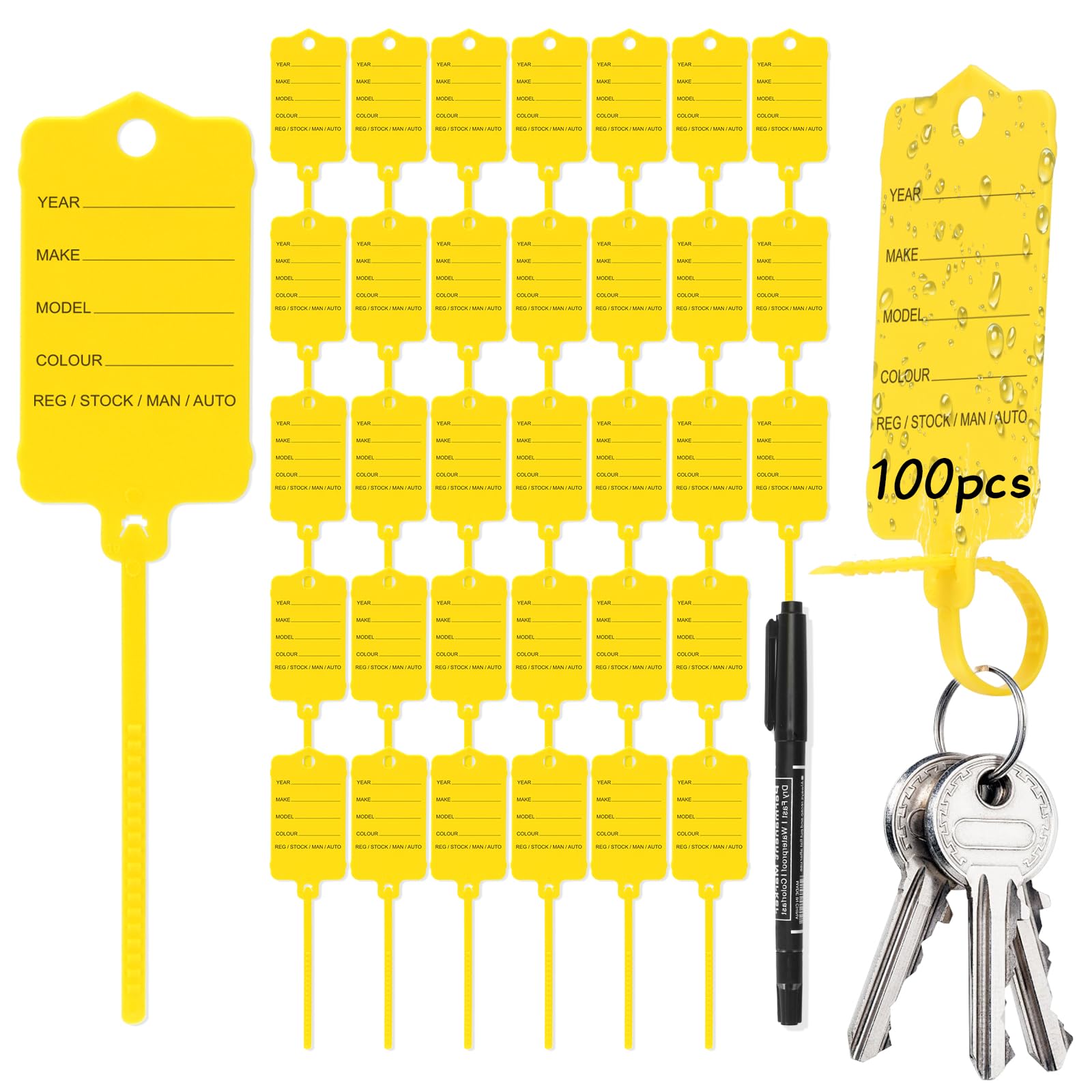 100 PCS Yellow Vehicle Plastic Key Tags Waterproof Car Key Identification Tags with 2 Markers for Caravan Van Garage
