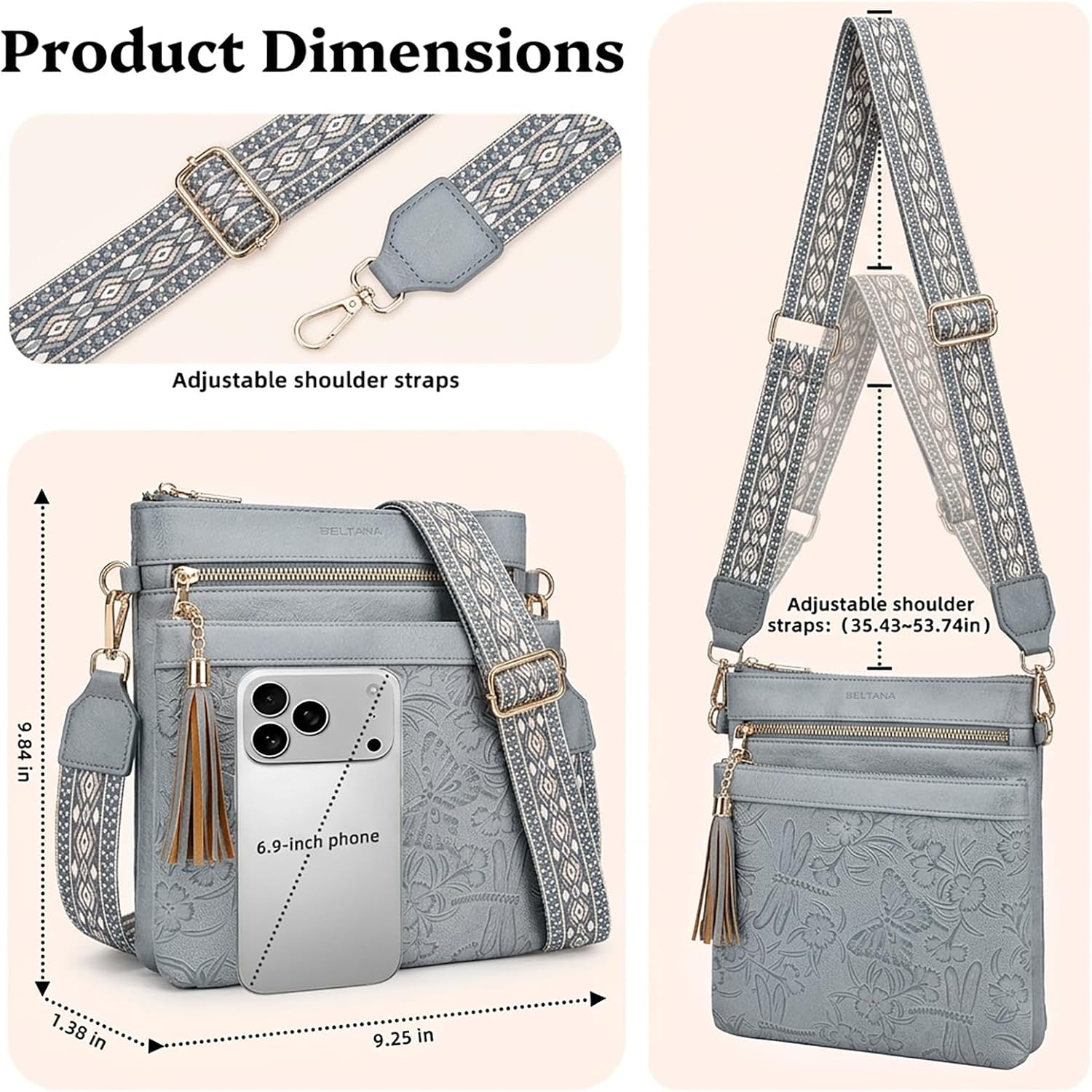 BELTANA Crossbody Bags for Women Embossed Vegan Leather Crossbody Purse Medium Travel Shoulder Handbags with Adjustable Strap