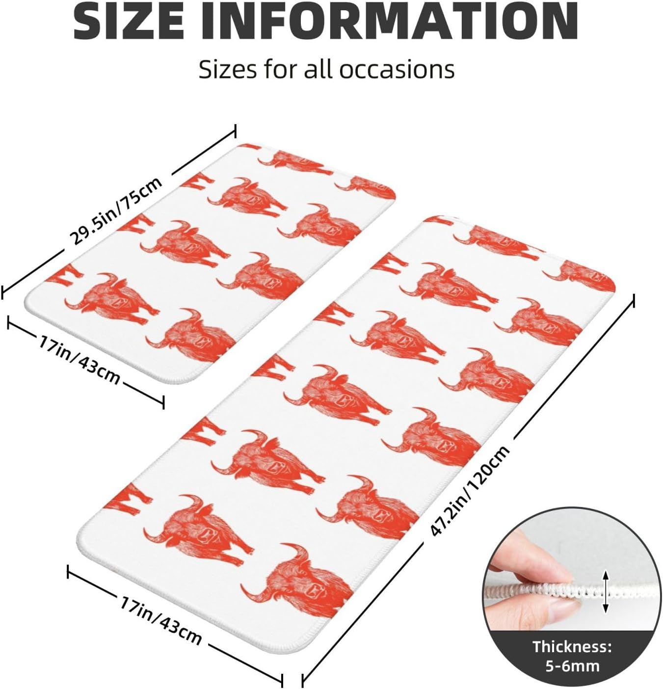 Cute Bull Print Kitchen Rugs Sets of 2 Non Slip Washable, Anti Fatigue Kitchen Mats for Floor, Home Decor