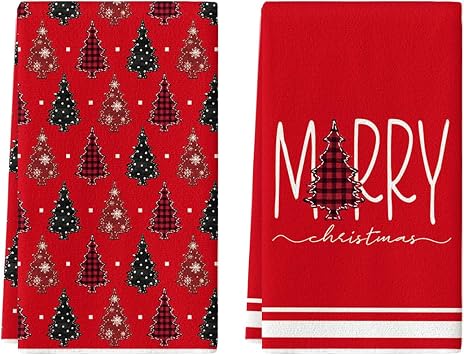 Artoid Mode Red Xmas Tree Merry Christmas Kitchen Towels Dish Towels, 18x26 Inch Farmhouse Holiday Snowflake Winter Decoration Cleaning Set of 2