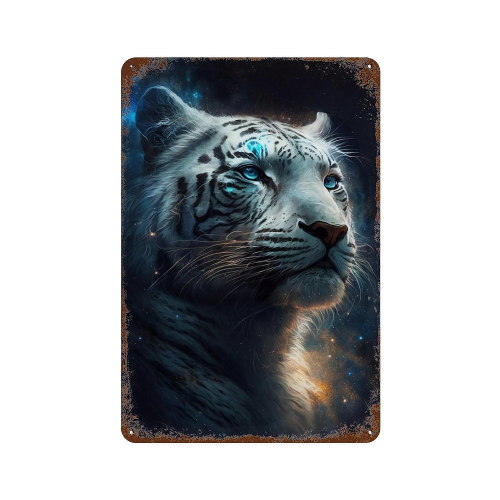 Galactic Tiger Portrait -2 11.8"x7.9" Weathered Tin Sign, Shabby Chic Decor for Farmhouse, Kitchen And Entryway Decor