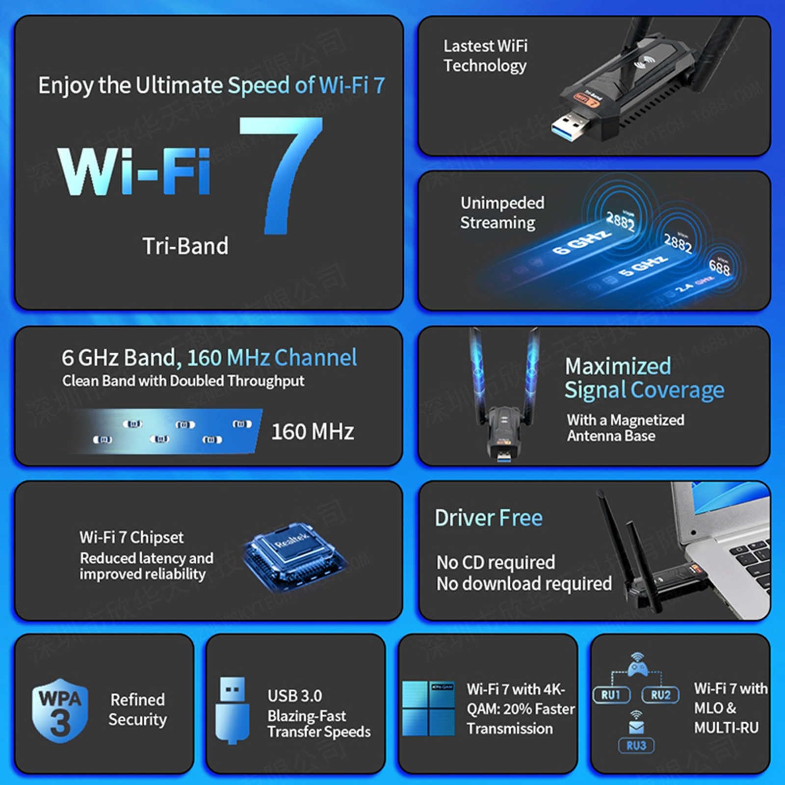 Adattatore USB 3.0 USB WiFi per PC Laptop Desktop 2.4G/5G/6G ad alta velocità 6500Mbps USB WiFi7 adattatore Tri-band