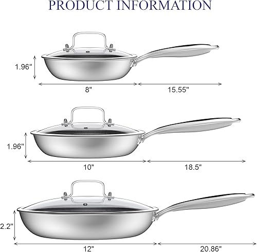 Miniatura 4 de Bielmeier Sartén antiadherente de 8, 10, 12 pulgadas con tapa de vidrio templado, juego de 6 piezas de sartén de fondo plano de acero inoxidable