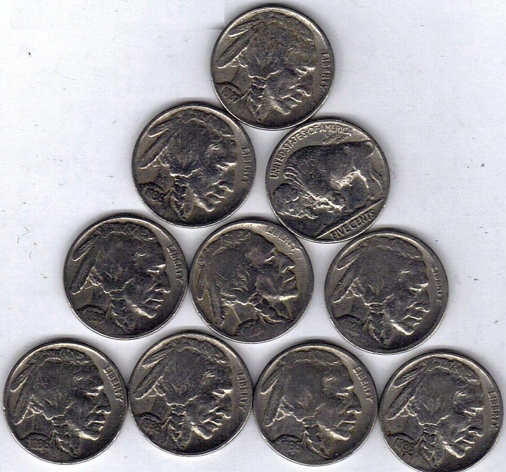 Count of Ten Circulated Buffalo Nickels 1913-1938 Fine