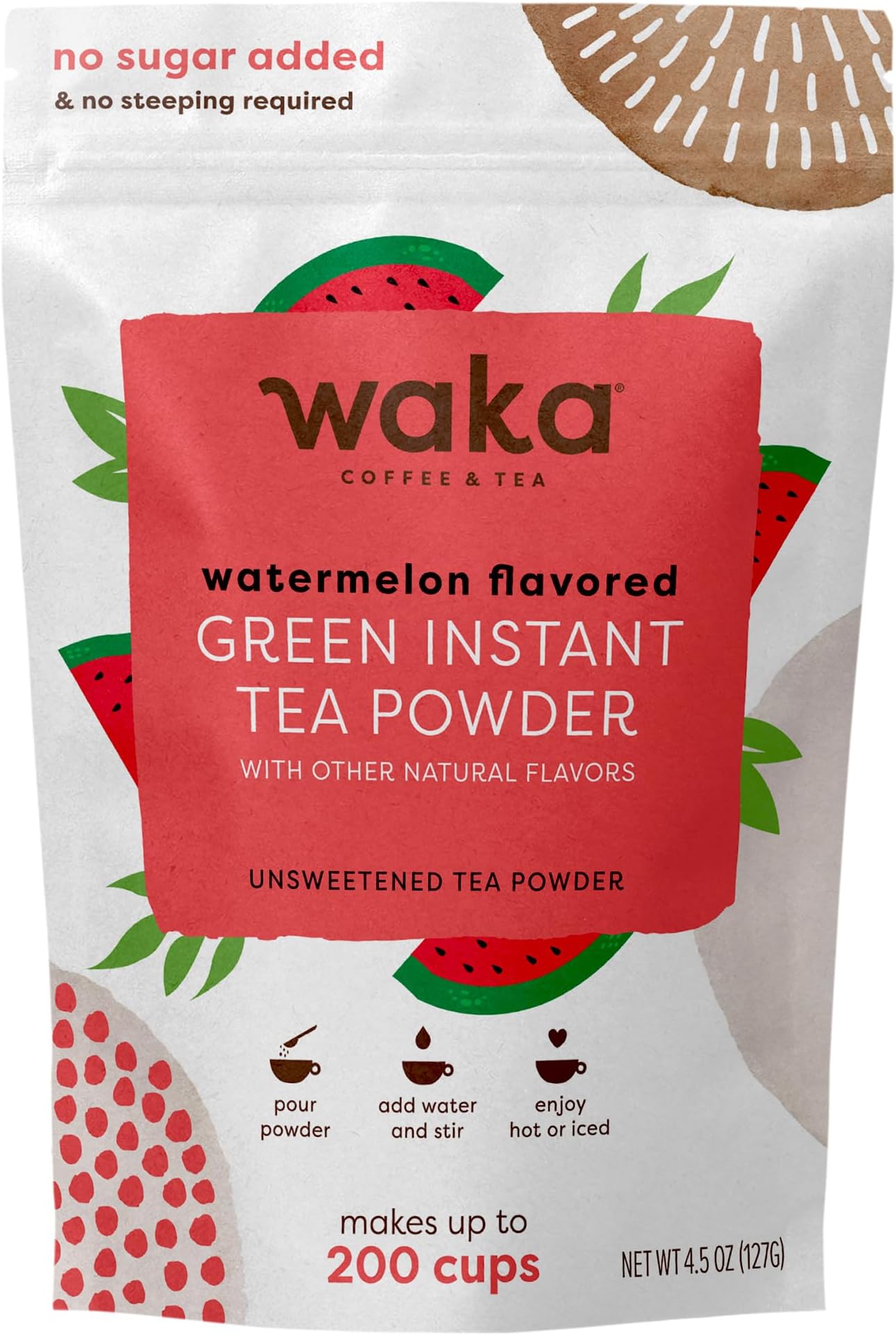 Waka Instant Green Tea Mix, Watermelon Flavored - 100% Tea Leaves, No Additives, Unsweetened Tea Powder in Bulk Pouch – Easy Quick Hot and Iced Teas, Up to 200 Cups (4.5oz)