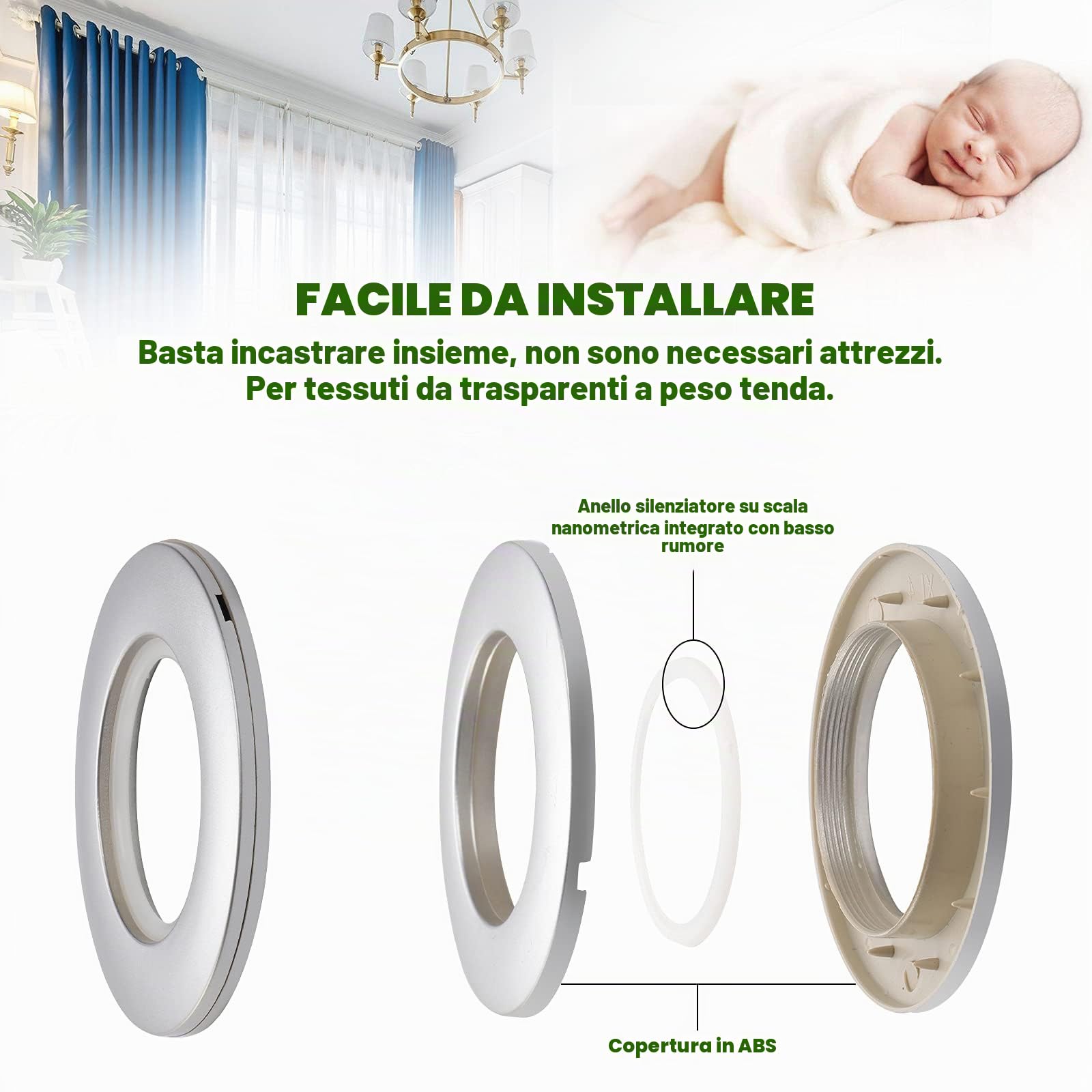 32pcs Anelli per Tende Plastica Rotondi Anello Occhiello a Basso Rumore 40 mm diametro Interno per Camera da Letto Soggiorno Tenda Fibbia (Argento)