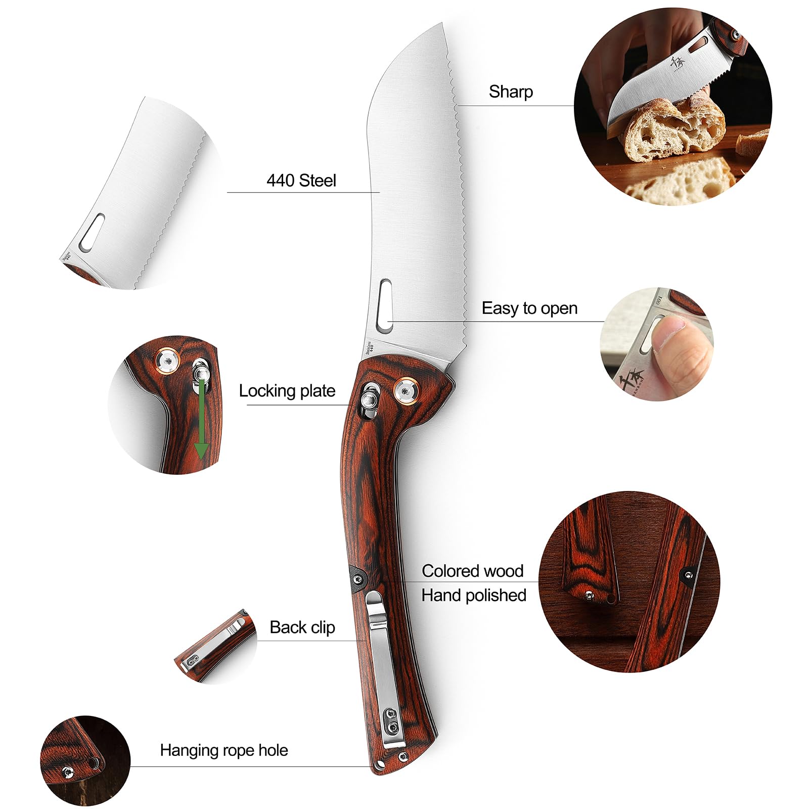 SENBON 440 couteau à pâtisserie pliant tranchant manche en bois coloré Camping barbecue extérieur clip arrière couteau à pain portable