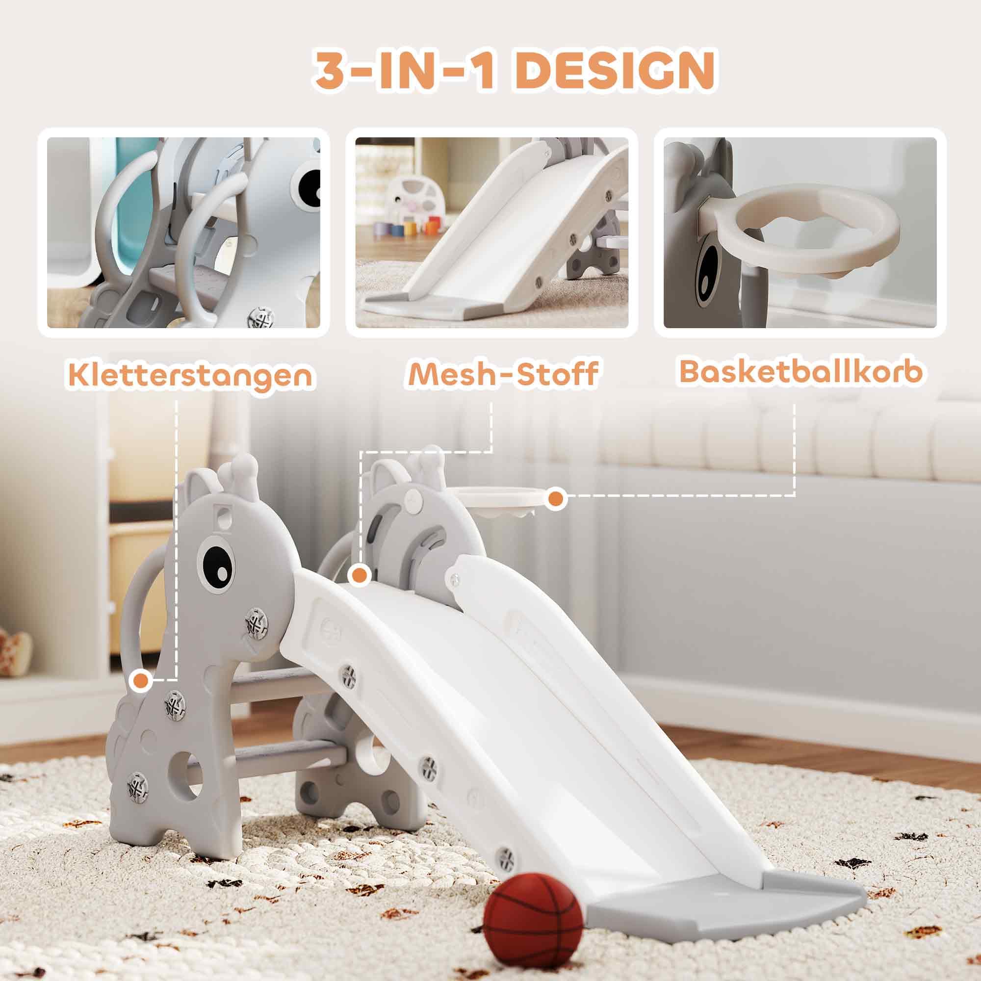 AIYAPLAY Kinder Rutsche 3-in-1 mit Basketballkorb, Gartenrutsche für Kleinkinder 1-3 Jahre, Grau