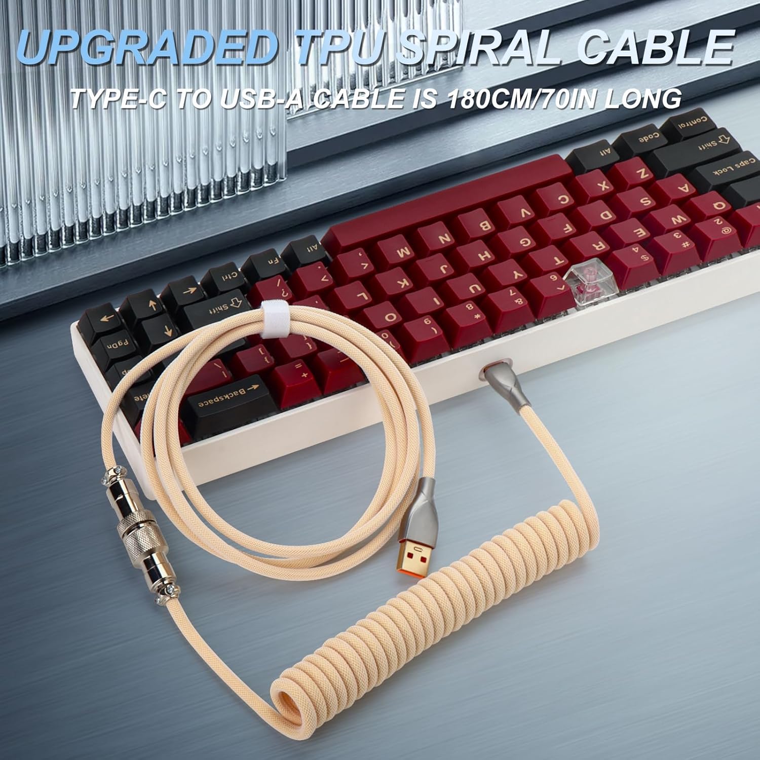 YIMAGUJRX Coiled Keyboard Cable,Custom Coiled Type-C to USB A Cable,Double-Sleeved Wire with 2 Generation Metal Aviator Connector for Mechanical Gaming Keyboard (Beige)