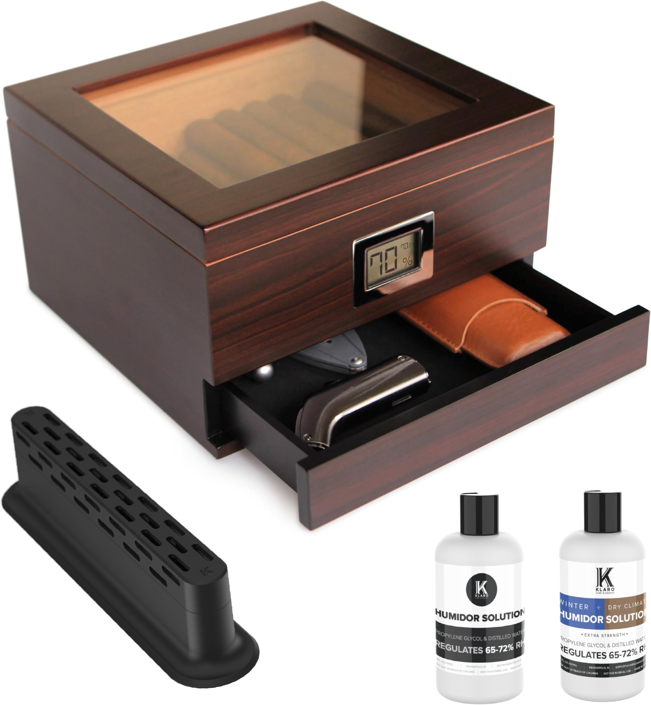 CASE ELEGANCE Glass Top Handcrafted Cedar Humidor with Front Digital Hygrometer, Humidifier Gel, and Accessory Drawer - Holds (25-50 Cigars)