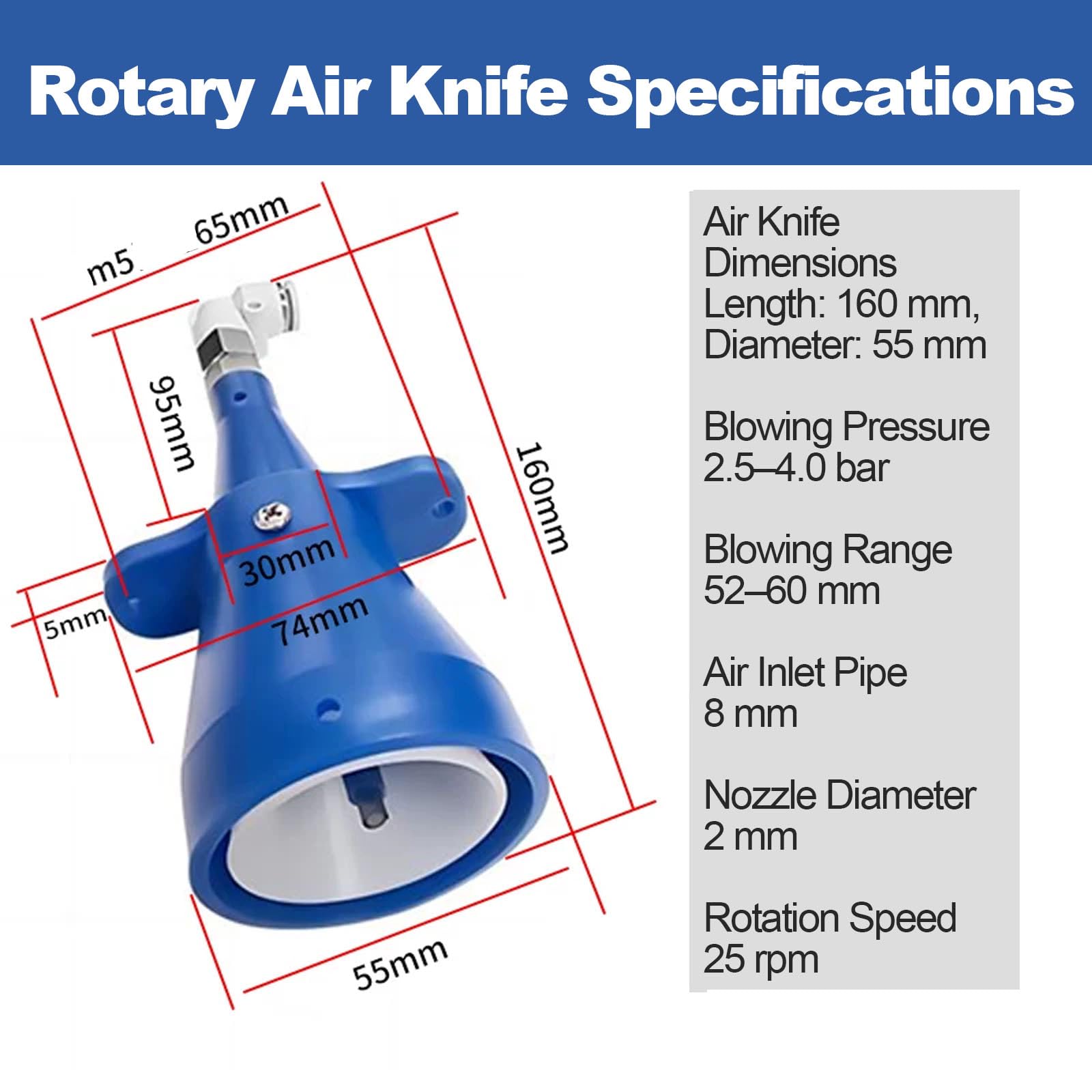 Soplador De Cuchilla De Aire Rotativo De 160 Mm, Cuchilla De Aire De Secado por Soplado De Alta Velocidad, Rango De Purga De 52-60 Mm, 2,5~4,0 Bar, 25 RPM/s, para Usar con Compresor De Aire