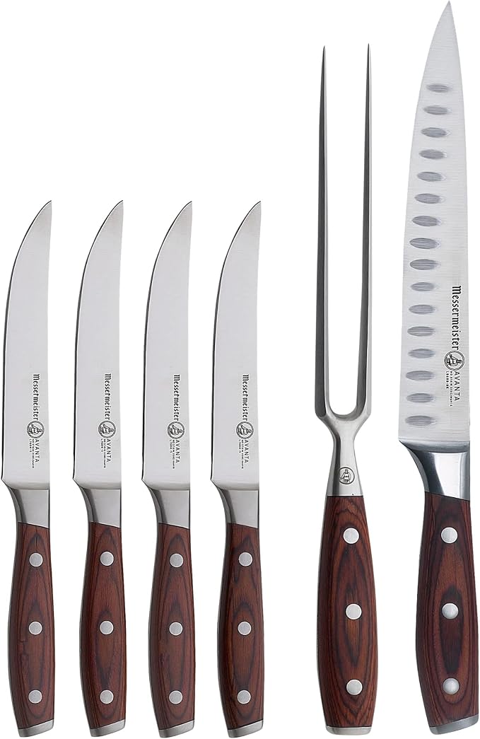 Messermeister Avanta Forged Variety Set - Includes 4 Fine-Edge Steak Knives + Kullenschliff Carving Set with Knife & Fork - German X50 Stainless Steel - Rust Resistant & Easy to Maintain - 6 Pieces