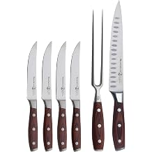 Messermeister Avanta Forged Variety Set - Includes 4 Fine-Edge Steak Knives + Kullenschliff Carving Set with Knife & Fork - German X50 Stainless Steel - Rust Resistant & Easy to Maintain - 6 Pieces