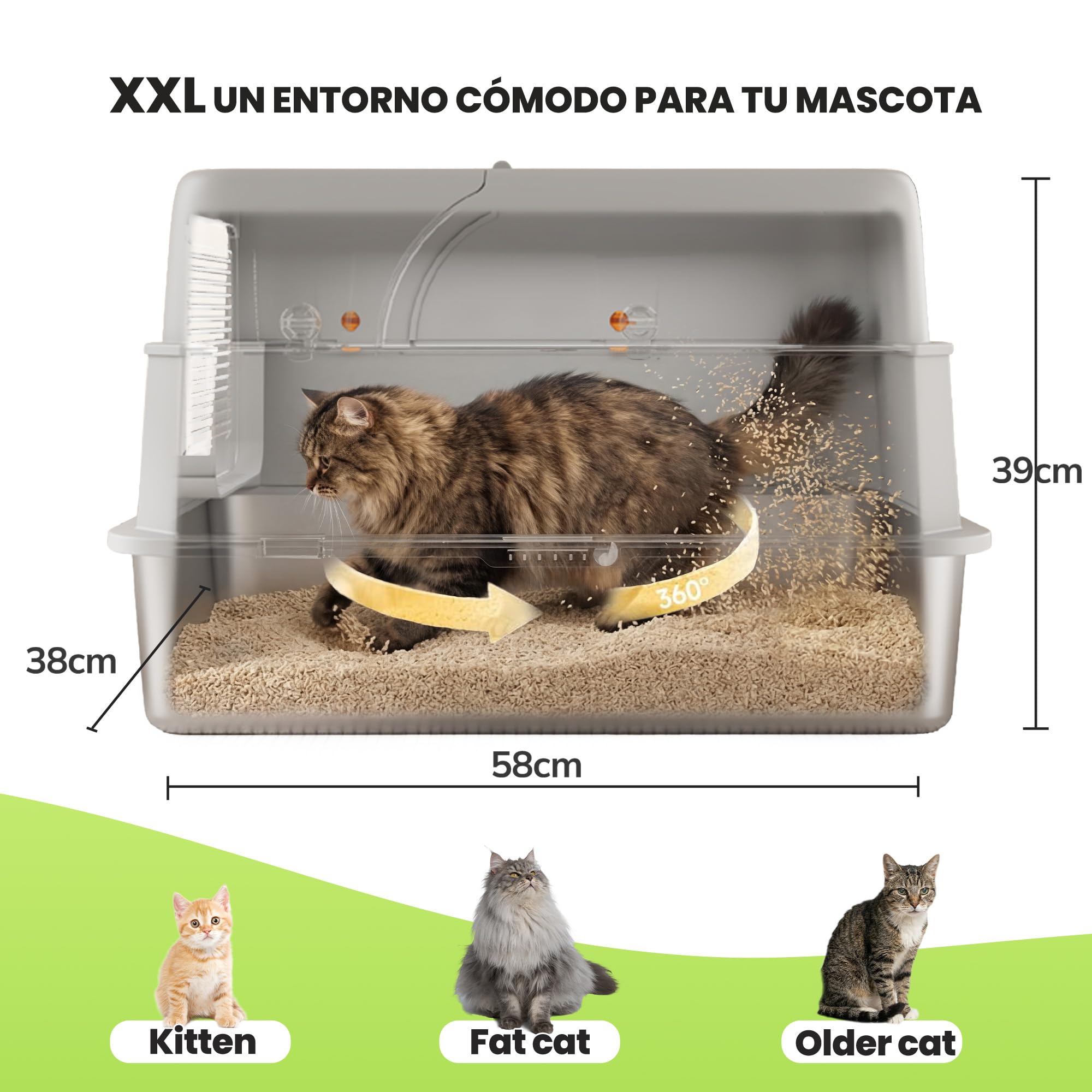 XXL Arenero Gato Cubierto de Acero Inoxidable– 3-en-1 Arenero Cerrado para Gatos con Tapa, con Filtro de Carbón Activo, Tapa Abatible 180°, Pala Metálica, Tapete, Antifugas, Sin Olores