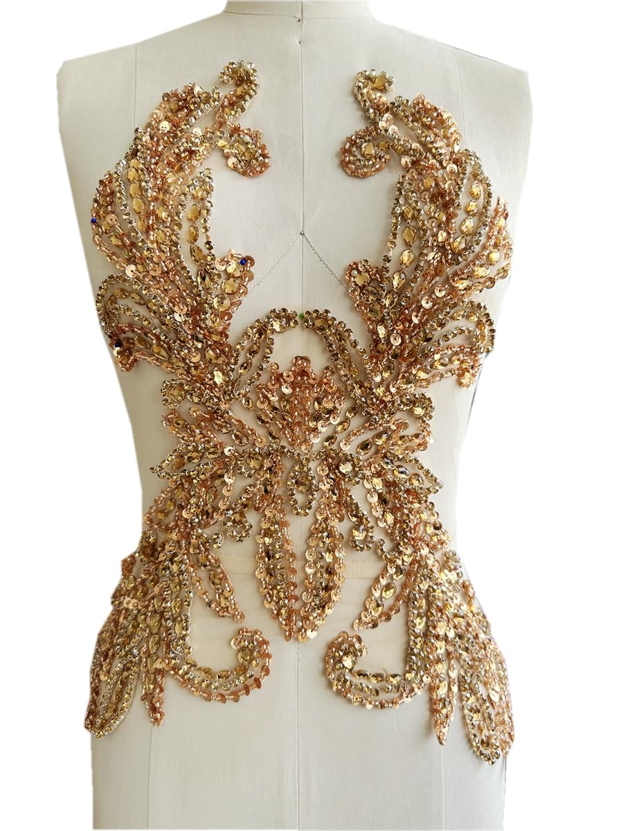 Handmade Champagne Crystal Lace Applique - Sew-on Rhinestone & Bead Trim For Wedding Dresses & Formal Wear