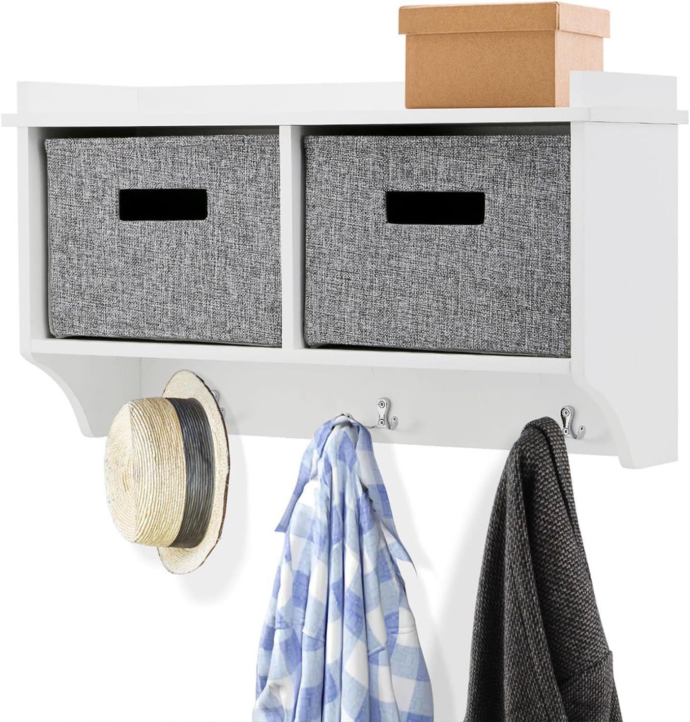 Taylor & Brown White Wooden Wall Mounted 3 Hook Coat Rack Display Storage Unit Shelf Modern Hallway Organiser Hooks Stand Hat with 2 Fabric Baskets - W60 x D20 x H34cm