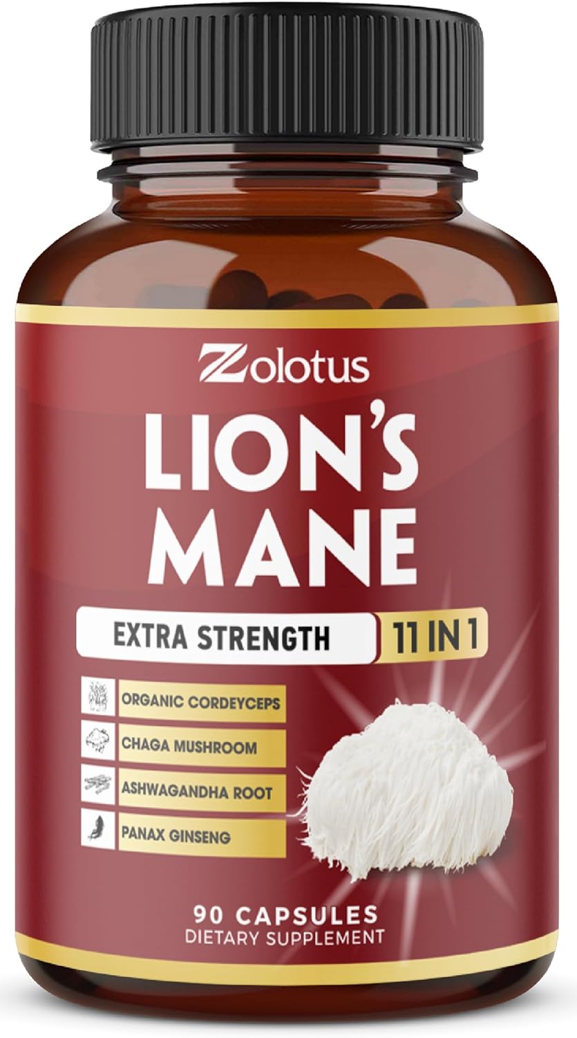Zolotus 11 in 1 Lions Mane Mushroom Capsules, 3 Month Supply with Cordeyceps, Reishi, Ashwagandha, Panax Ginseng – 90 Capsules