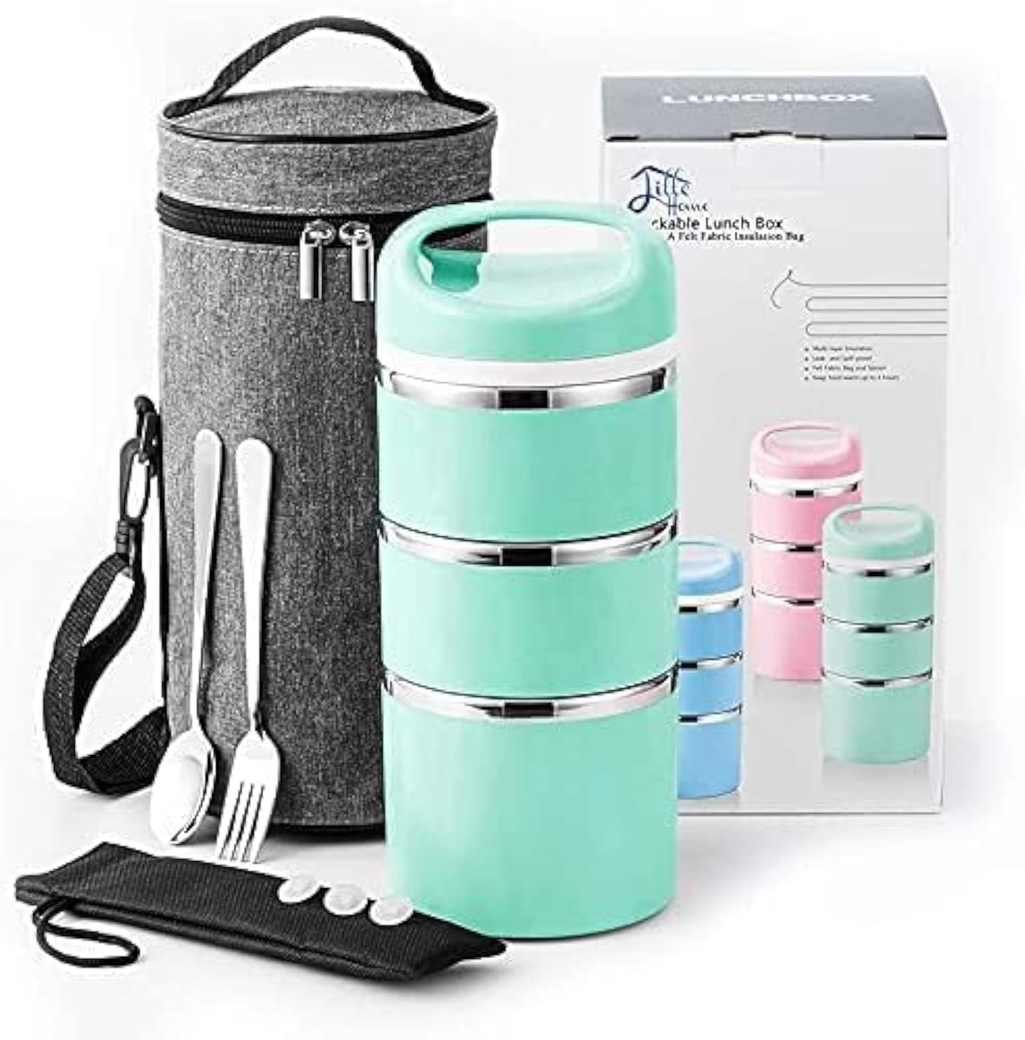 Lille Home Stackable Stainless Steel Thermal Compartment Lunch/Snack Box 1380ml 3-Tier Insulated Bento Food Container with Lunch Bag, Cutlery and 3 Extra Seals (Green)