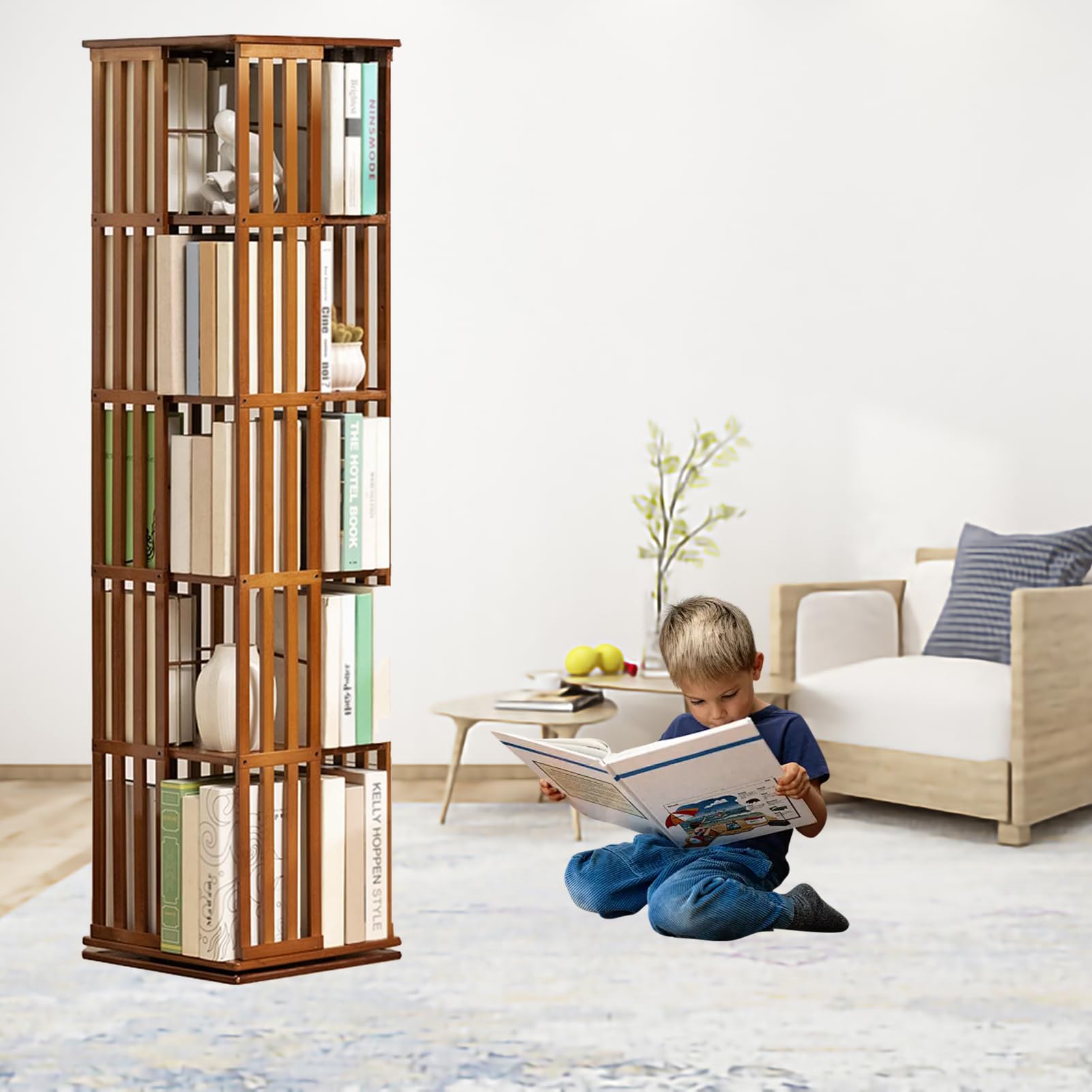 Biblioteca giratoria de bambú a niveles, estante giratorio de 360° con vitrina de esquina, estante para libros y decoración - Estantería de almacenamiento para niños y adultos - Biblioteca
