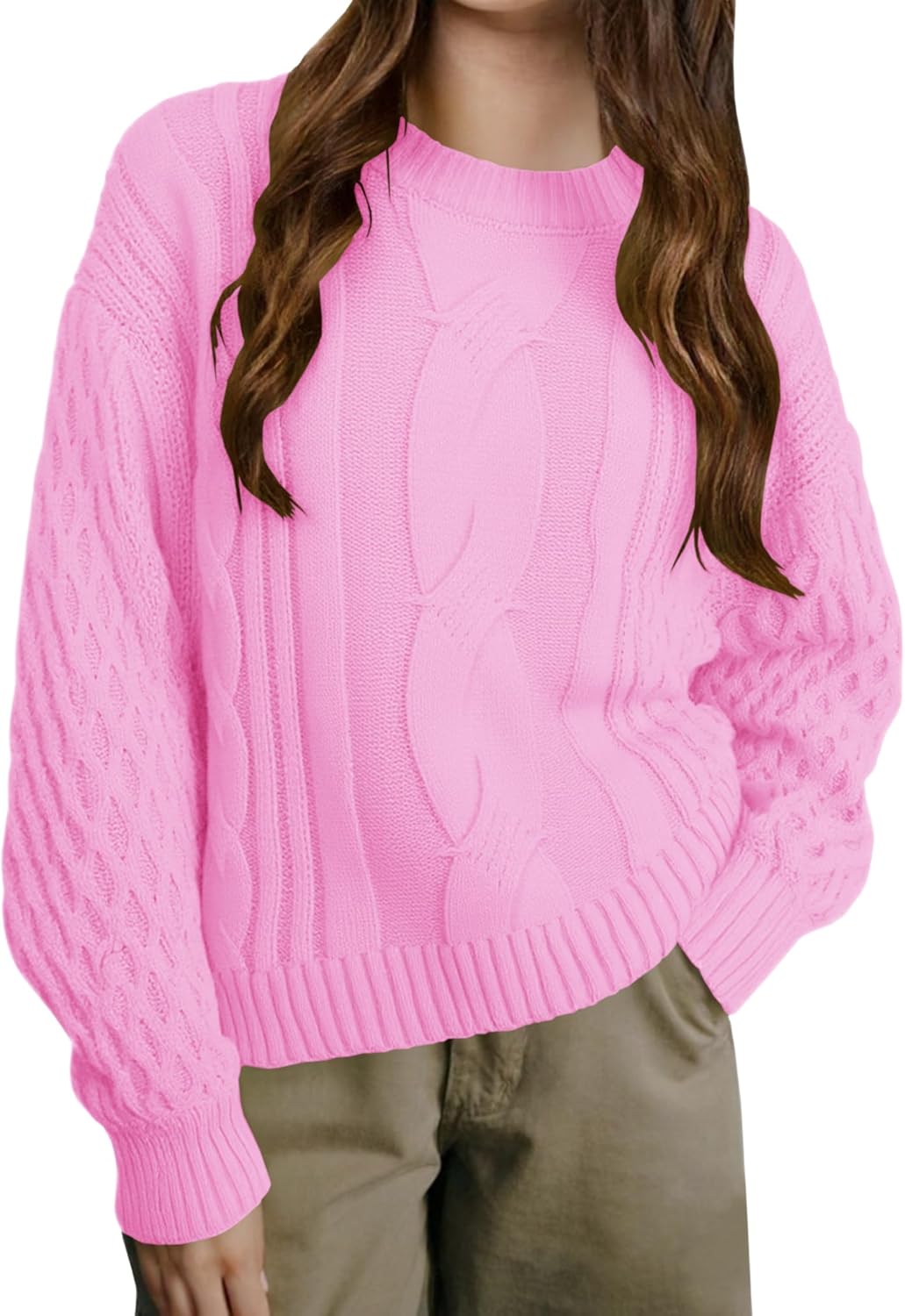 EGOCKAL Girls Cable Knit Sweaters Crewneck Lantern Long Sleeve Drop Shoulder Warm Jumpers for Kids Size 5-14Y