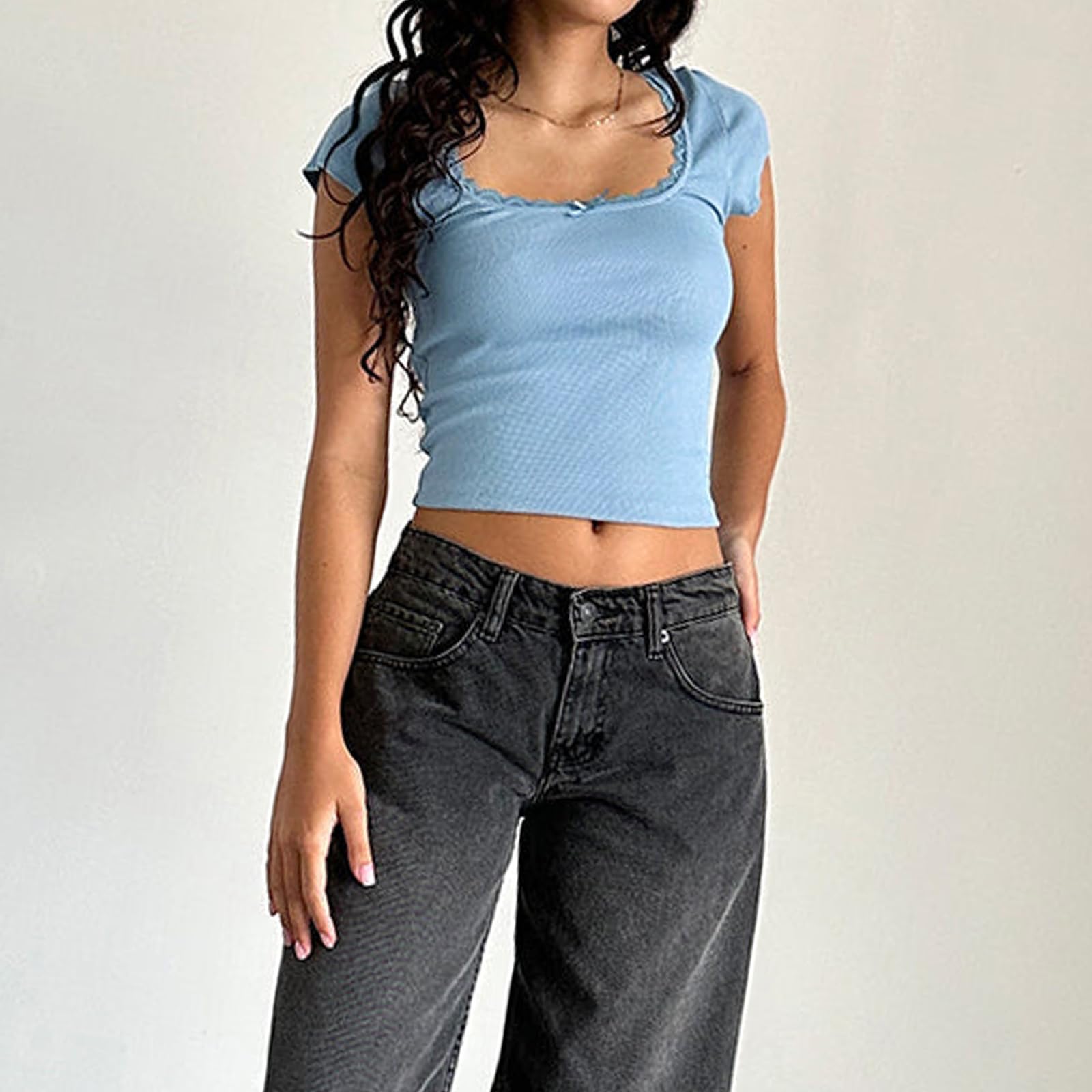 Womens E-Girls Short Sleeve T-Shirt Y2k Lace Trim Crop Tops Crewneck Fairy Grunge Tee Tops Aesthetic Summer Clothes
