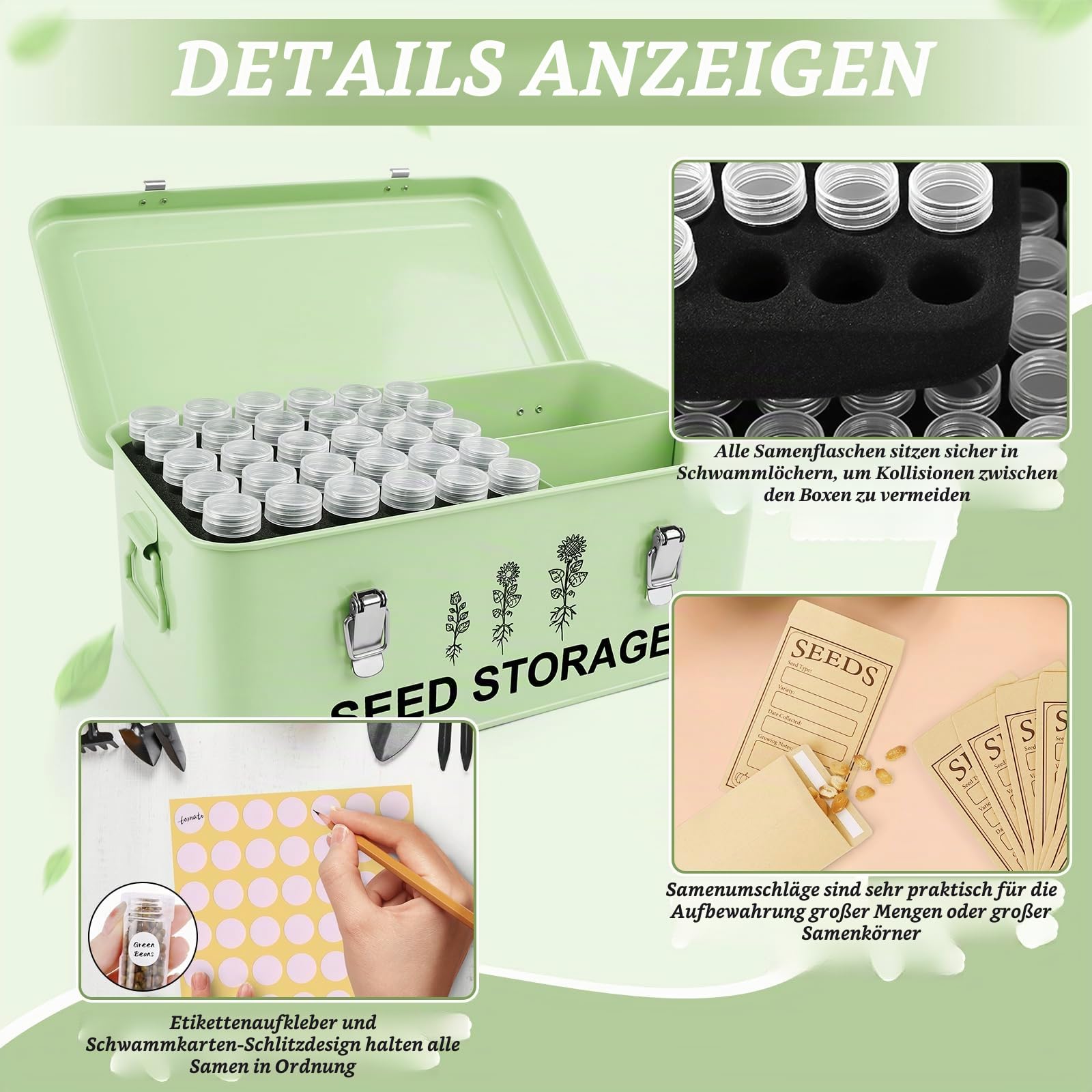 Saatgut-Aufbewahrungs-Organizer mit 60 Fächern, Metall-Samen-Sparbox mit Deckel und Sicherheitsschlössern, Saatgutbehälter mit 20 Samenumschlägen und 20 Etiketten, 3 Fächer, perfekt für