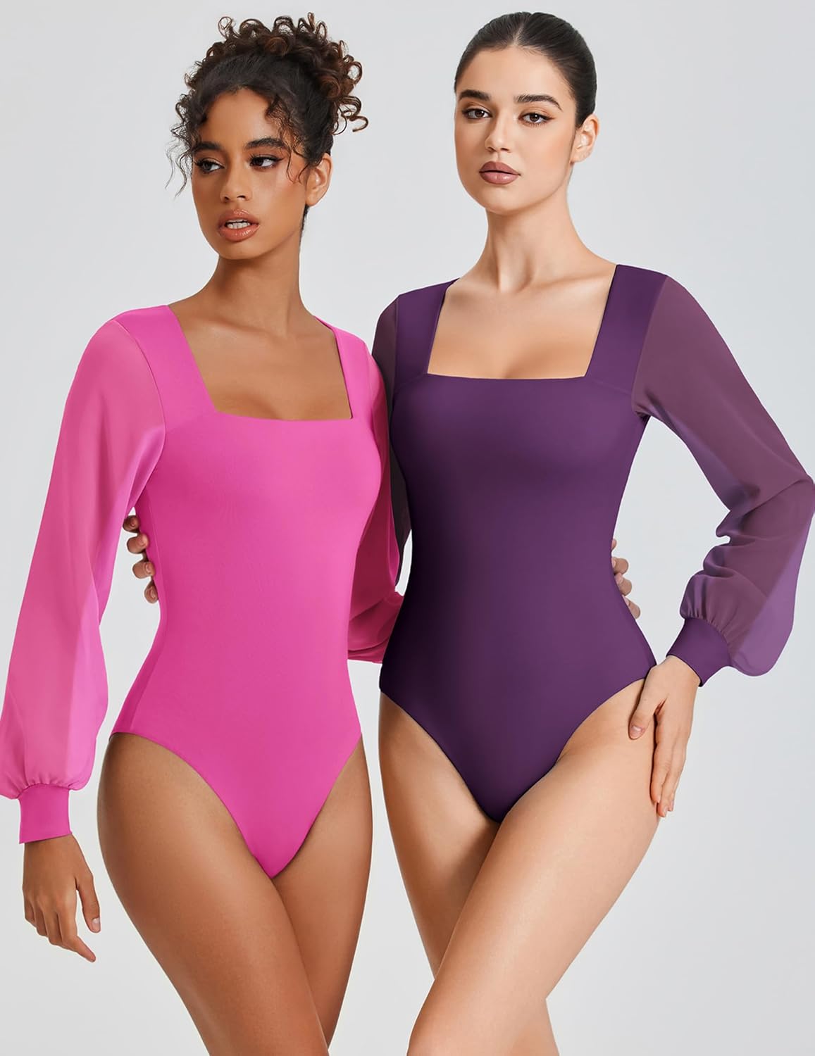 Avidlove Women Puff Long Sleeve Bodysuit Mesh Square Neck Thong Sexy Body Suits Double Lined Leotards - Image 3