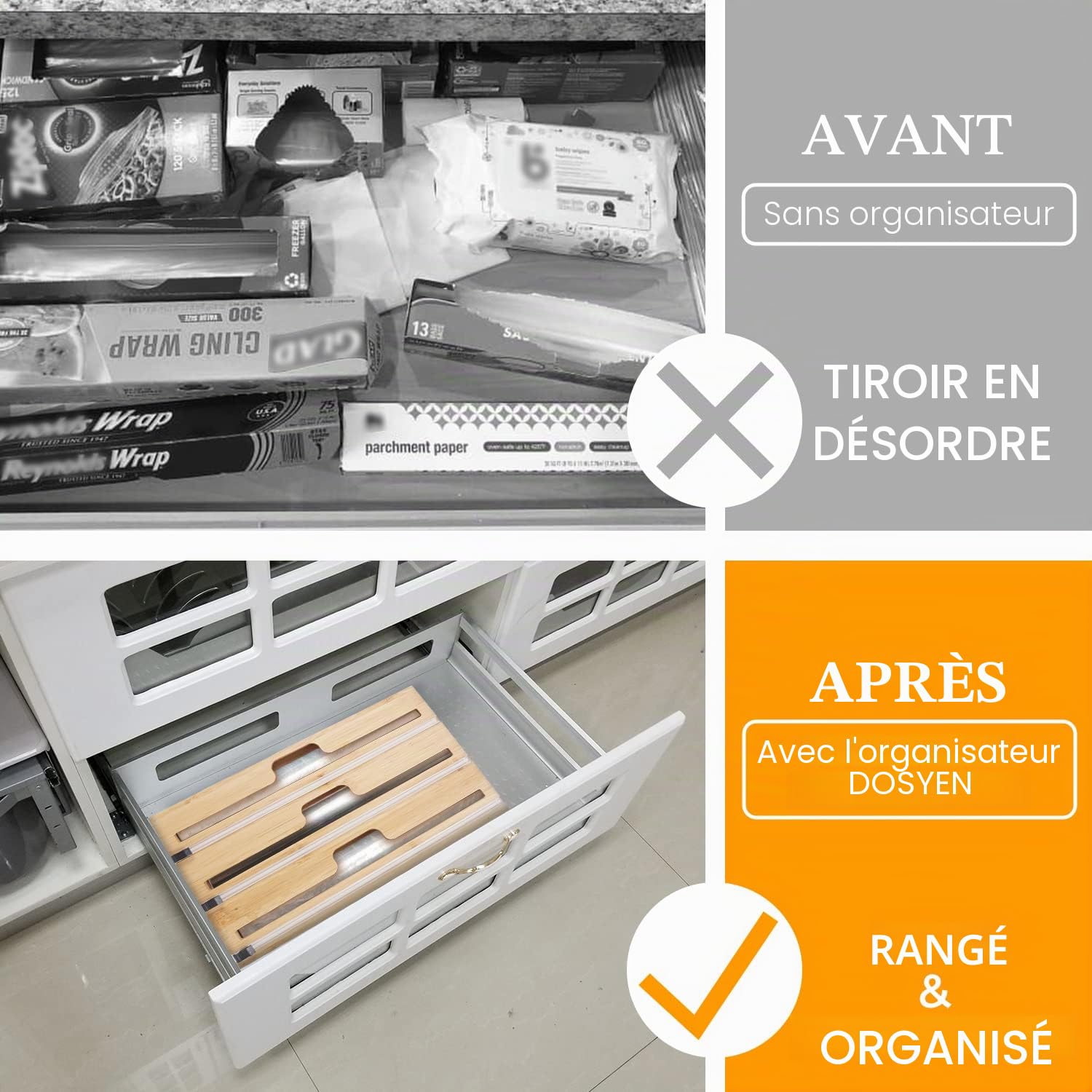 Distributeur Papier Aluminium et Film Coupe-Capsule pour Tiroir de Cuisine, Compatible avec Rouleaux de 12", Organisateur d'emballage de Cuisine en Bambou, Durable et Respectueux de l'environnement