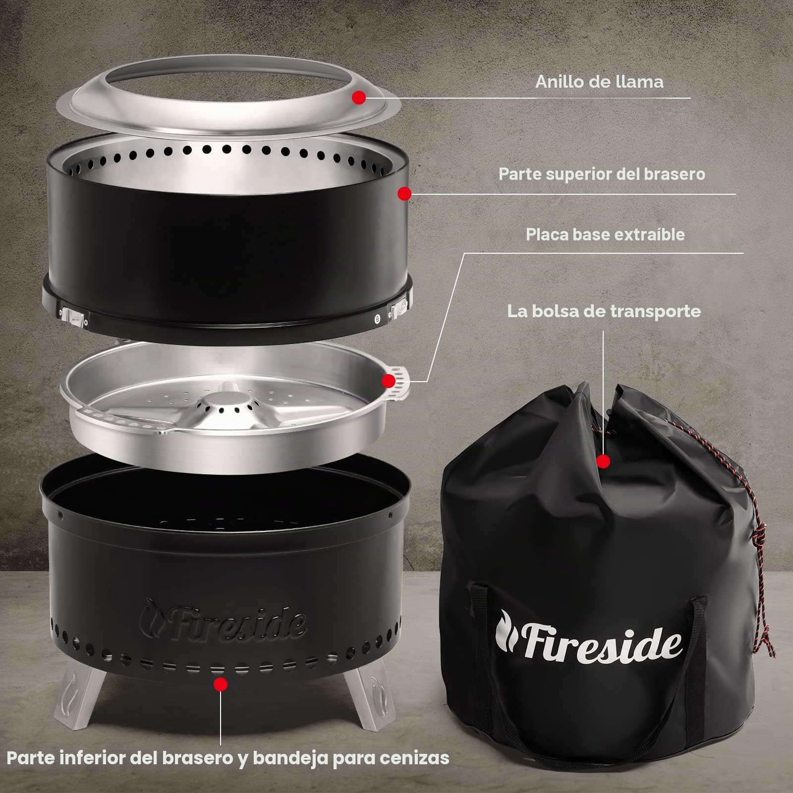 TURBRO Chimenea Libre de Humo de 48,3 cm para combustión de Madera al Aire Libre, Estufa portátil de Camping de Acero Inoxidable 304 con Soporte, Bandeja de Cenizas extraíble, Bolsa de Almacenamiento