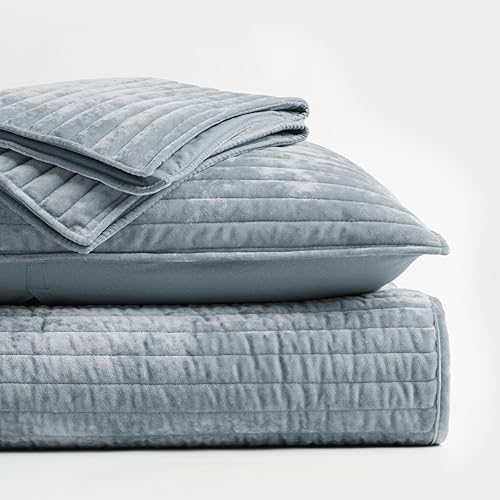 Miniatura 41 de EVERGRACE Velvet Quilt Set King Size, Luxurious Soft Striped Channel Bedding Set, Lightweight Velvet Comforter for All Season, Oversized Bedspread
