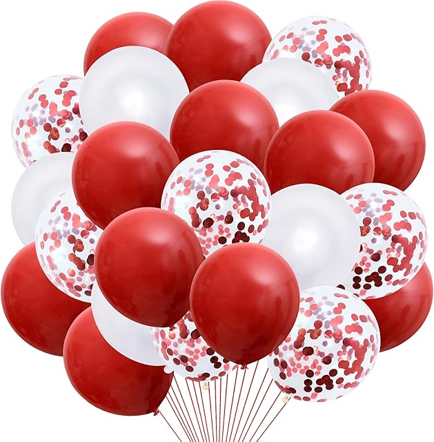 Red White Balloons, 40Pcs 12Inch Red Confetti Balloons Latex Helium Balloons for Birthday Party Wedding Baby Shower Engagement Graduation Anniversary Party Decoration Suppies - with Ribbons Glue Dots
