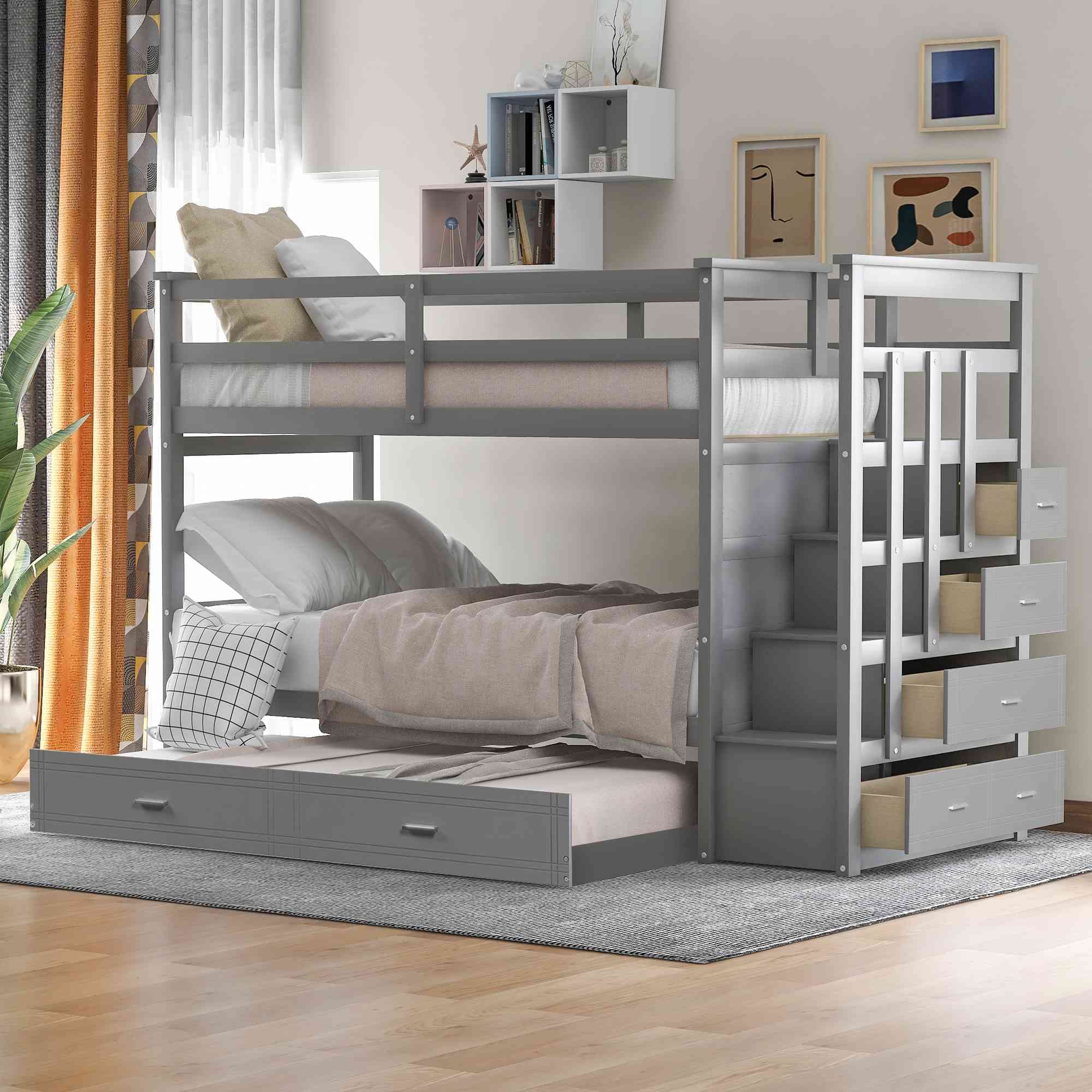 Twin Over Twin Bunk Bed with Trundle and Staircase, Bedroom Wood Bunkbed Fram w/ 4 Storage Drawers for Kids, Teens, Adults, Girls, Boys, No Spring Box Required, Gray
