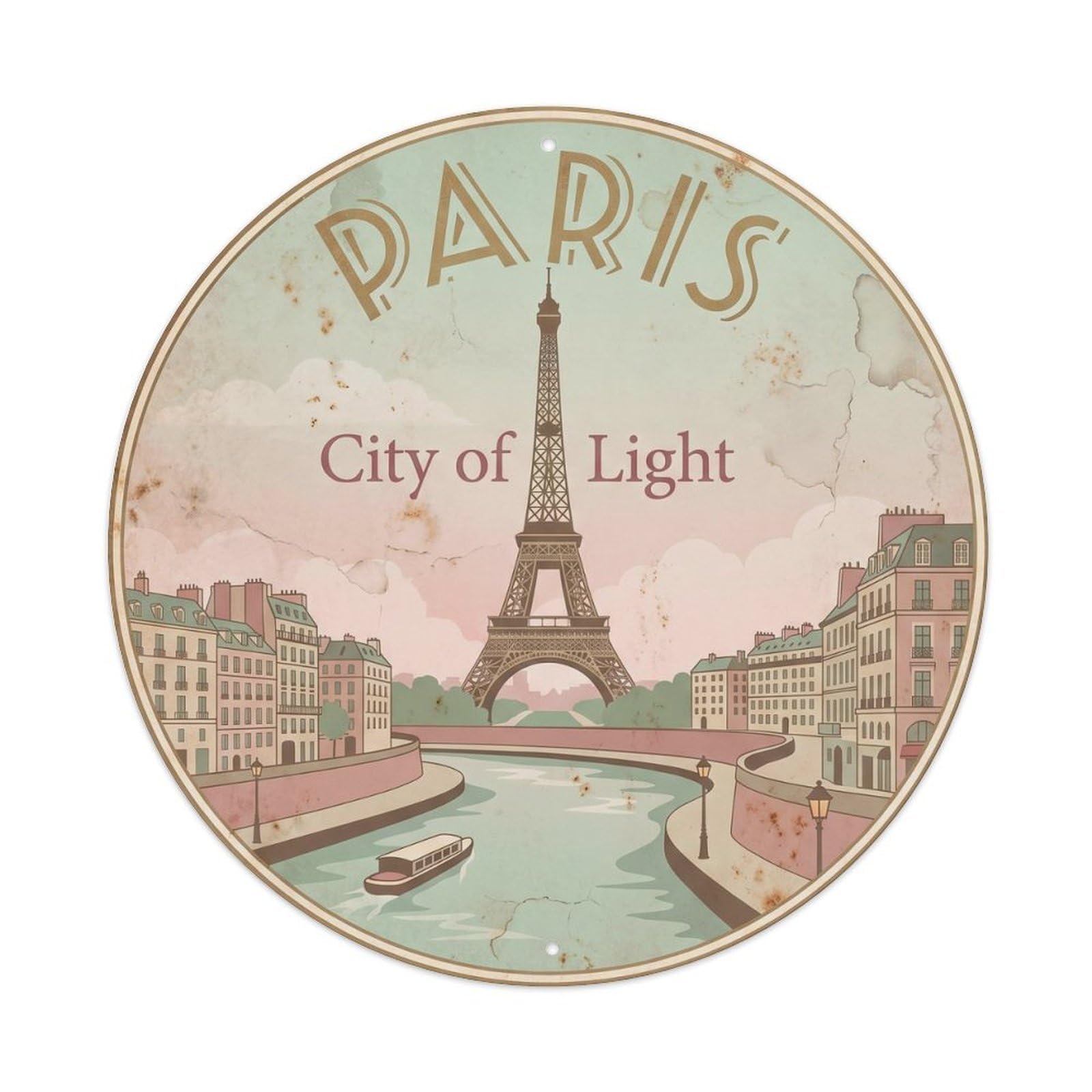 Vintage Travel Paris Eiffel Tower Metal Tin Sign Plaque Wall Decor for Cafe, Club Bar, Office, Home Garden Round Metal Poster 8x8Inch