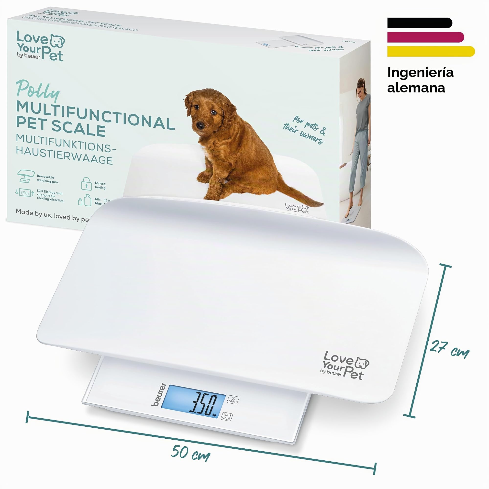 Beurer Love Your Pet Báscula «Polly» para mascotas y personas, báscula para mascotas con plato de pesaje extraíble, báscula para cachorros a partir de 100 g, con función Hold, 180 kg