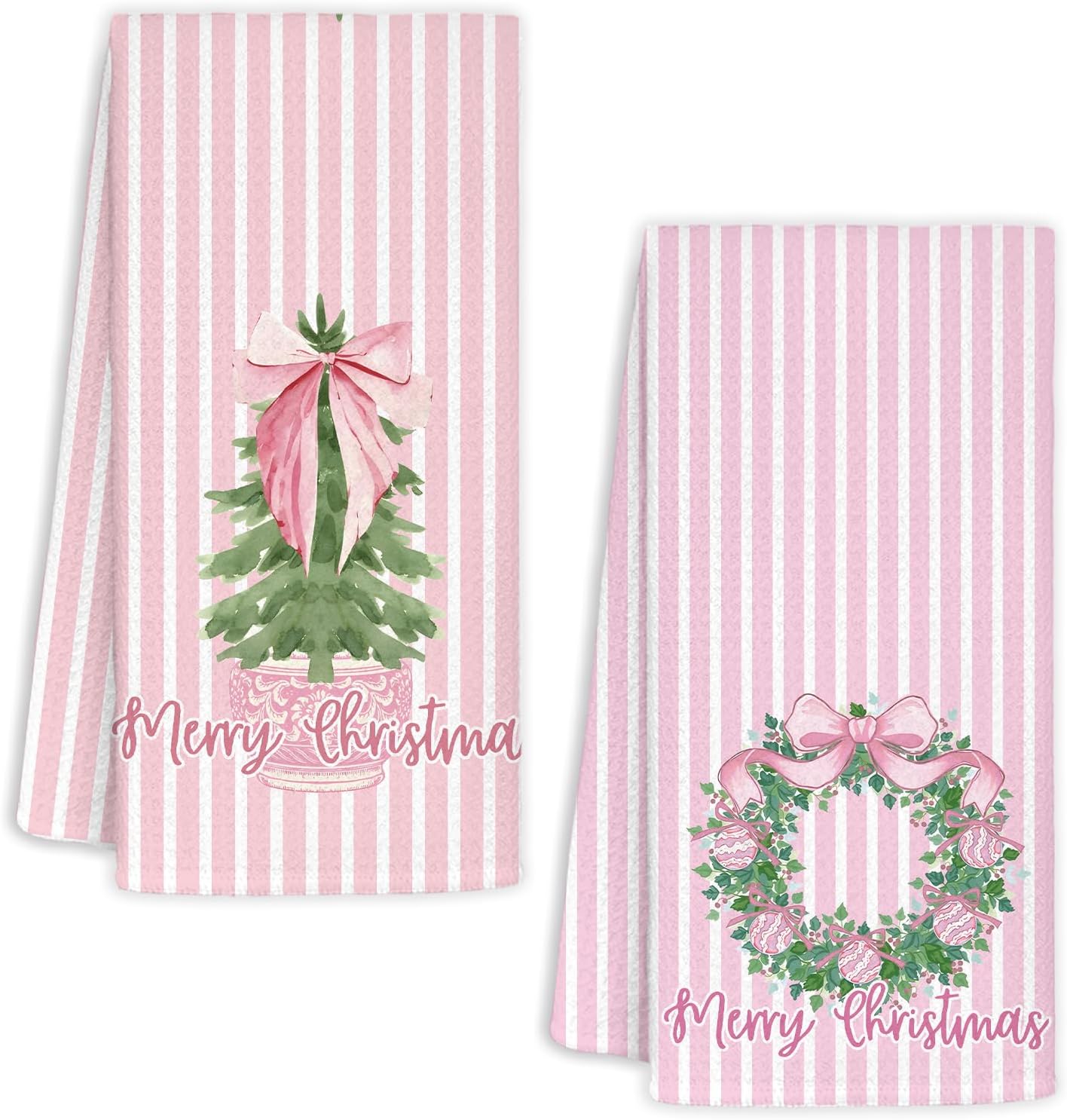 Chinoiserie Christmas Kitchen Towels,Pink Stripes Bow Coquette Christmas Tree Dish Towels,Pink Christmas Hand Towels for Kitchen Bathroom,Grandmillennial Decor,16x24 Inches Set of 2