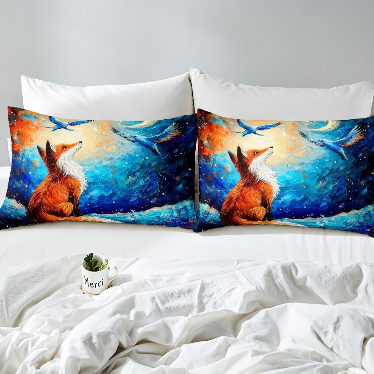Loussiesd Fox Duvet Cover Double Size Kids Cute Cartoon Fox Bed Set for Boys Girls Teens Moon Bird Bedding Set Breathable Oil Painting Style Bedspread Cover Room Decor - Image 4