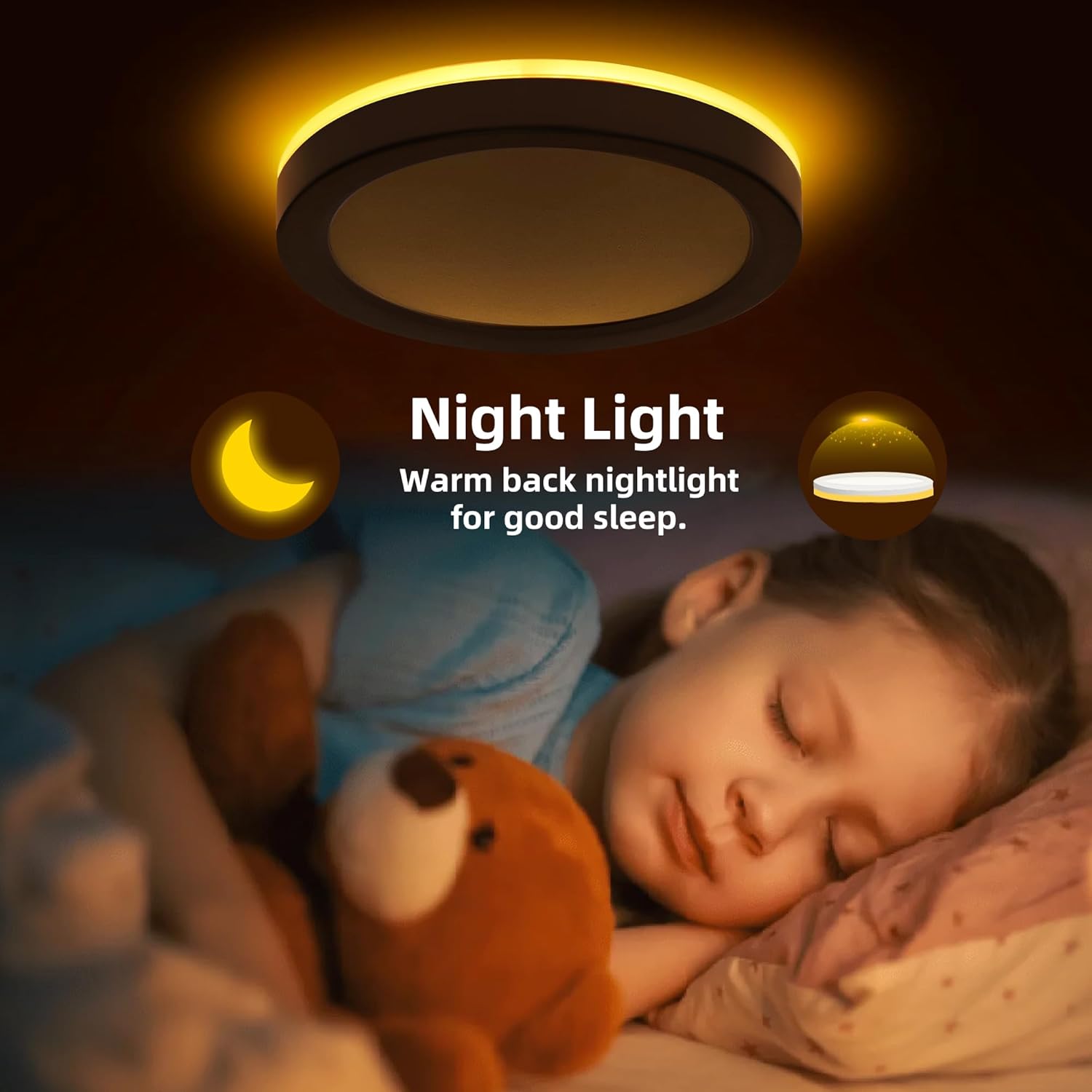 Hlite 7.5 Inch Flush Mount LED Ceiling Light with Night Light, CRI90, 15W, 1500 LM, 3000K/4000K/5000K Selectable, Flat Round LED Ceiling Light, Dimmable Bedroom Lights for Ceiling, Black(2Pack)