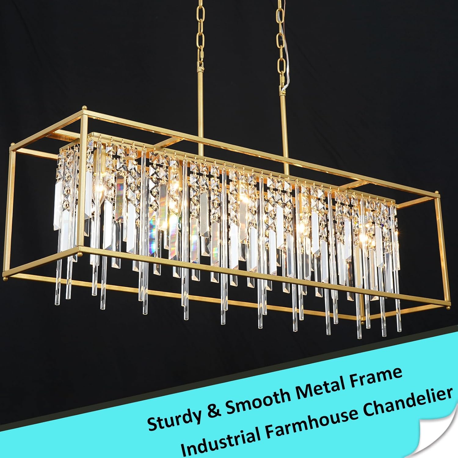 Modern Crystal Chandelier, Gold Rectangular Crystal Chandelier for Dining Room, 40" Top K9 Luxury Rectangle Farmhouse Light Fixture for Living Room, Kitchen Island L40xW12xH11