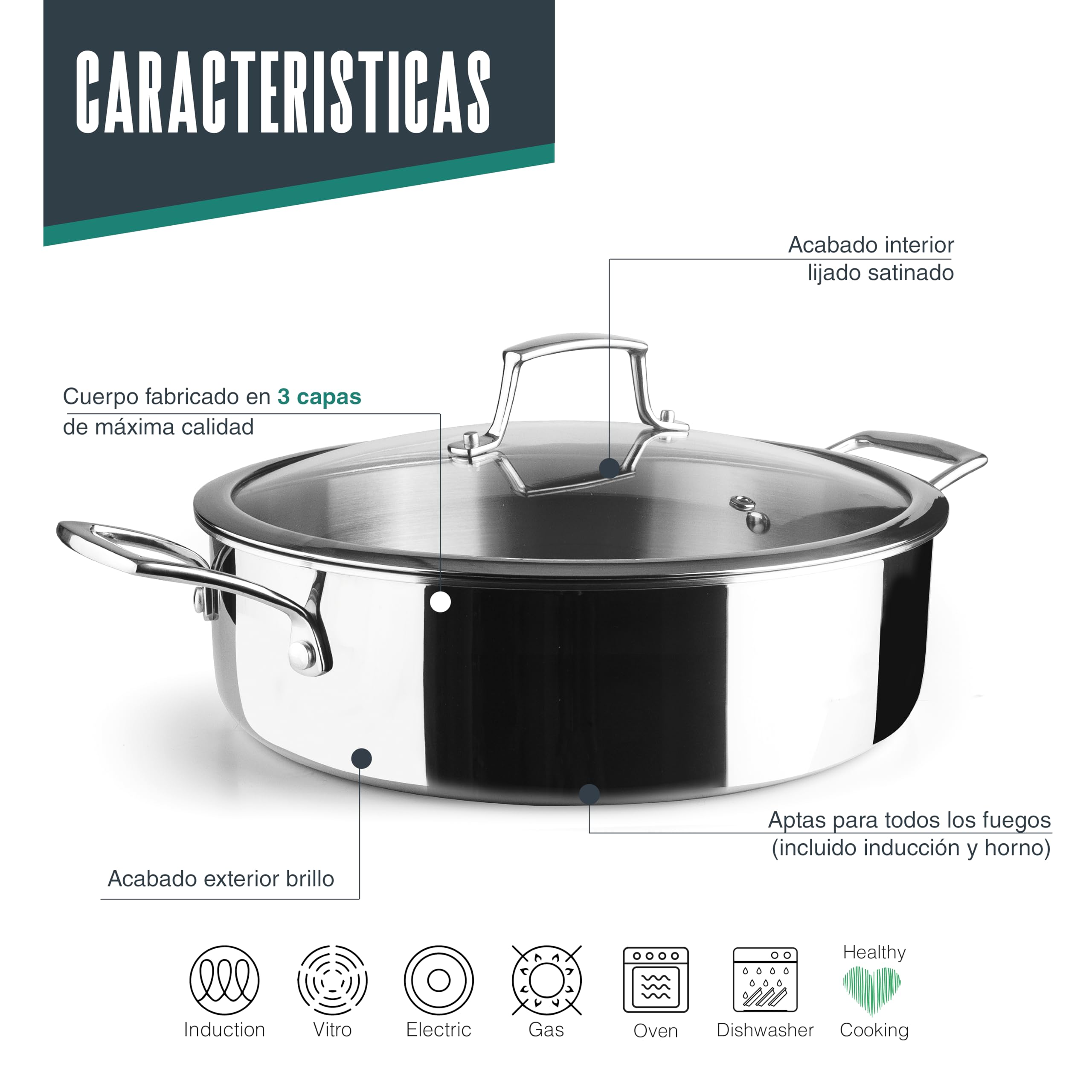 Lacor 60888 - Cacerola Baja Trichef, 5 L, 28 cm, Tricapa de Acero | En acero inox 18/10, para guisos y cocciones uniformes; apto para inducción y horno, apto para lavavajillas, de gran utilidad