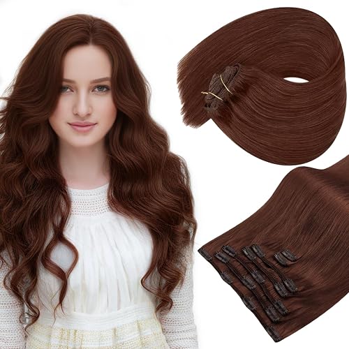 Sunny Hair Clip in Hair Extensions Real Human Hair 20 Inch Remy Extensions for Women Medium Mahogany Brown with Subtle Highlights Warm Tones Natural Straight Texture Heat Resistant for Cosplay 120g