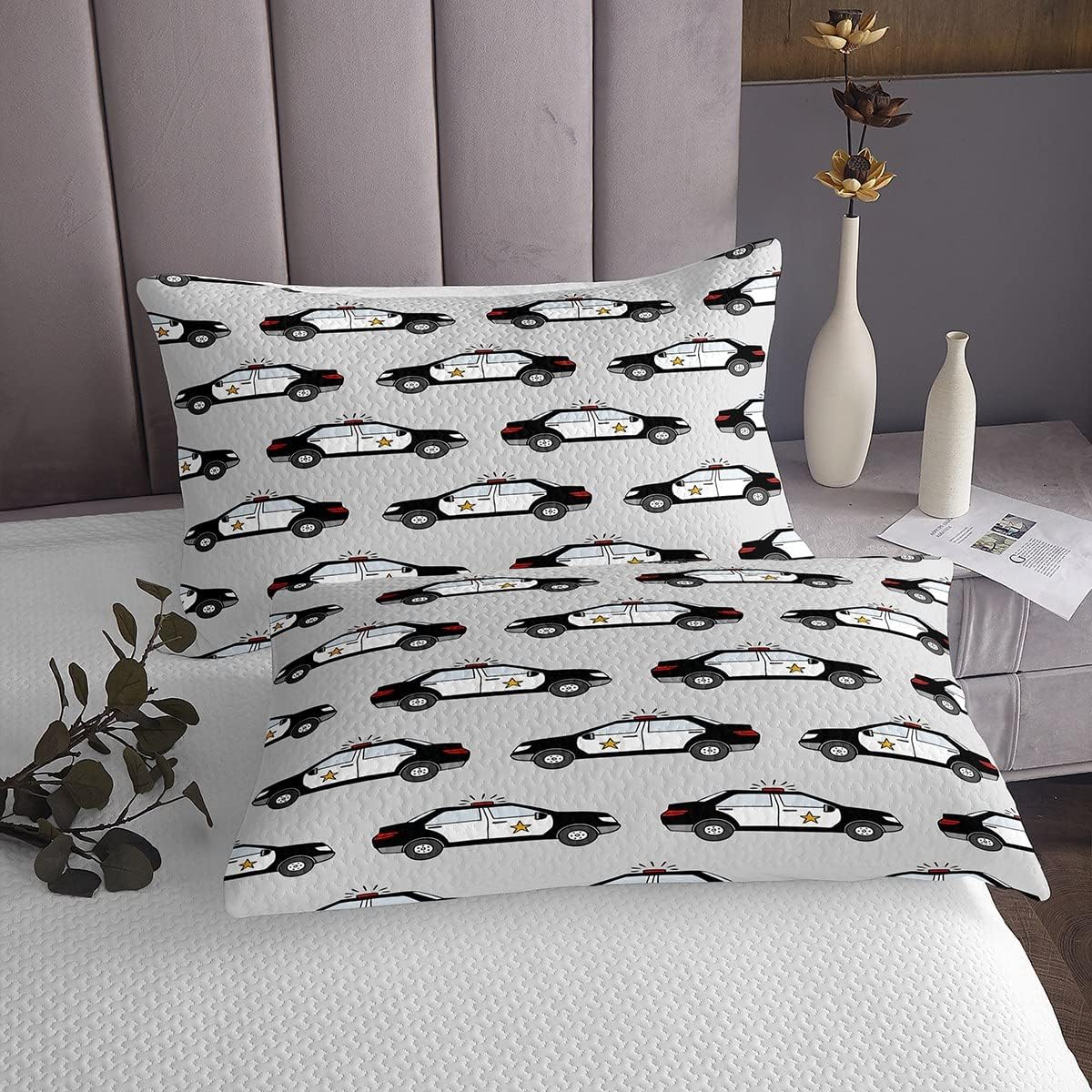 Erosebridal Kids Police Car Queen Quilt Set Boys Cartoon Car Coverlet Set, Black White Grey Bedding Set Toddler Police Car Bedspread Set, Cute Car Theme Bed Quilt Room Decorations