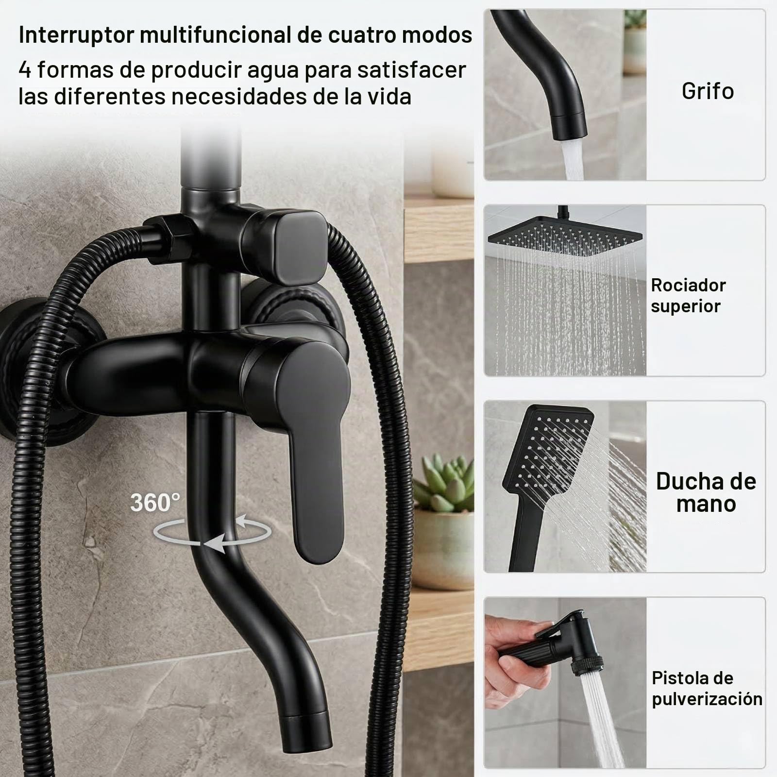 4 Modos Columna de Ducha con Grifo, Acero inoxidable Rociador superior/Ducha de mano, Lluvia Columna de Baño Multifuncional Altura Ajustable 72-115cm
