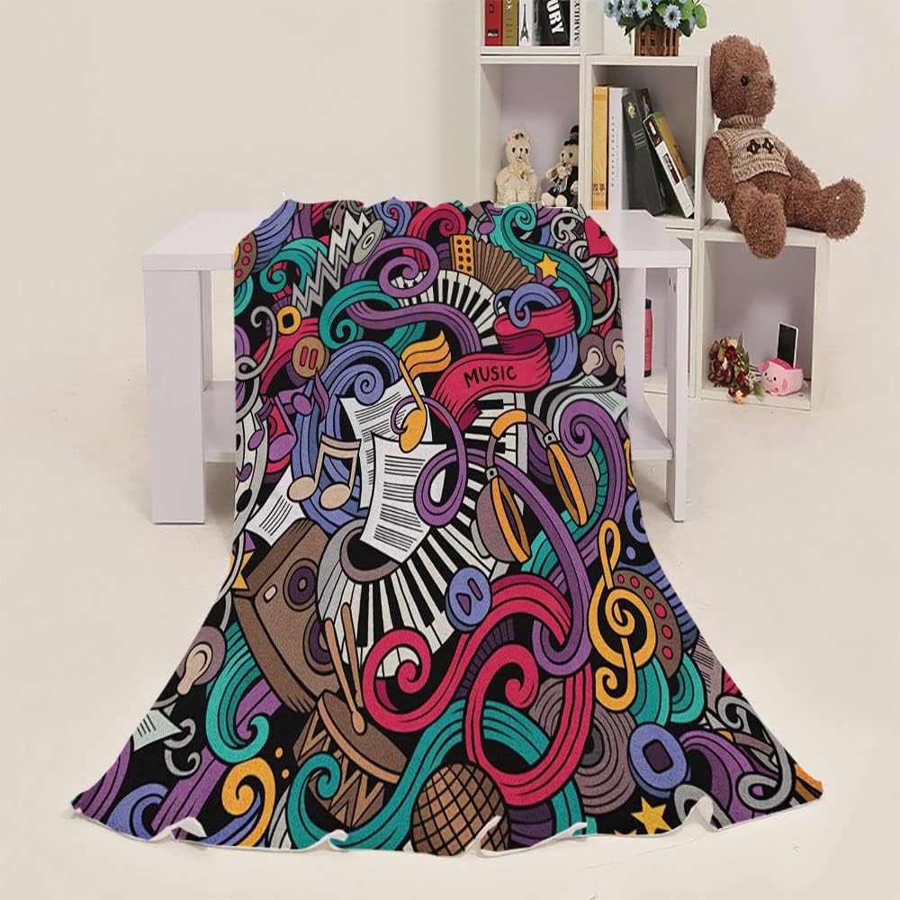 Gifts Blanket, Doodle Sofa Blanket Cover, Music Themed Hand Drawn Abstract Instruments, Soft Warm, 50 x 60inches, Suitable for Adults and Children, Multicolor