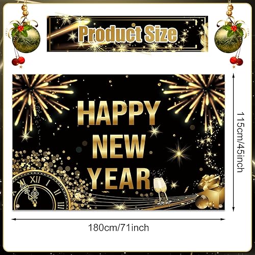 Miniatura 2 de Cartel de feliz año nuevo de 71 x 45 pulgadas, fondo dorado grande de feliz año nuevo 2024, decoración de Nochevieja, suministros para fiestas,